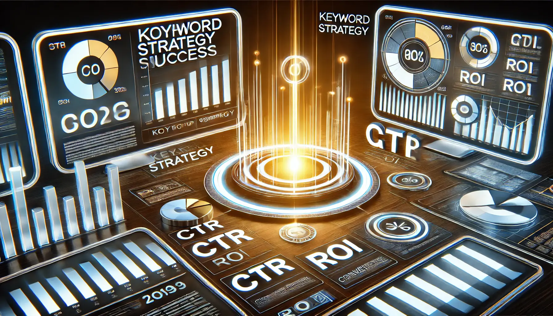 Illustration of performance measurement with dashboards showing CTR, ROI, and conversion rates in a futuristic digital workspace.