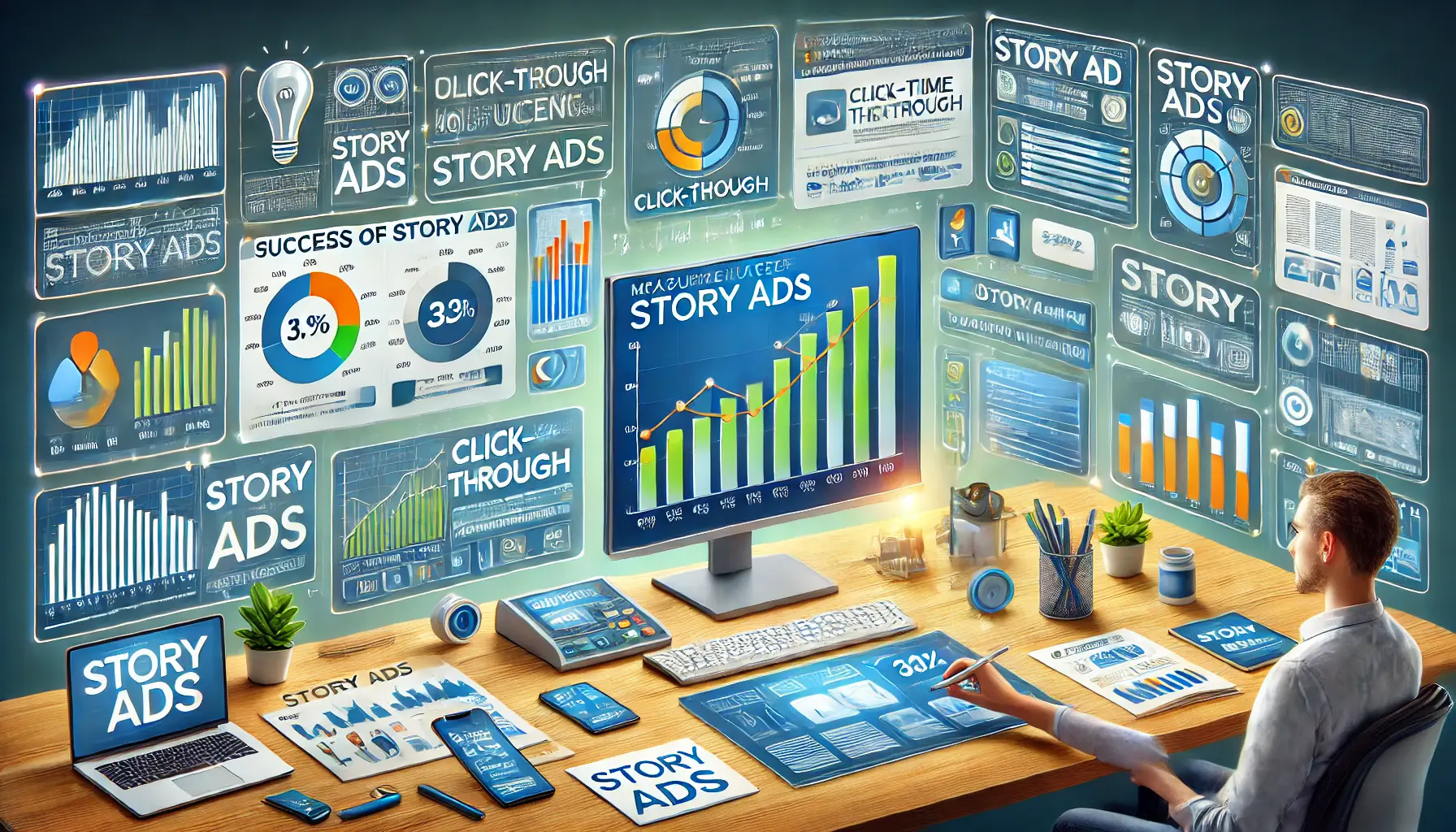 A digital workspace with multiple screens displaying analytics, bar charts, line graphs, and real-time user engagement metrics to measure the success of story ads.