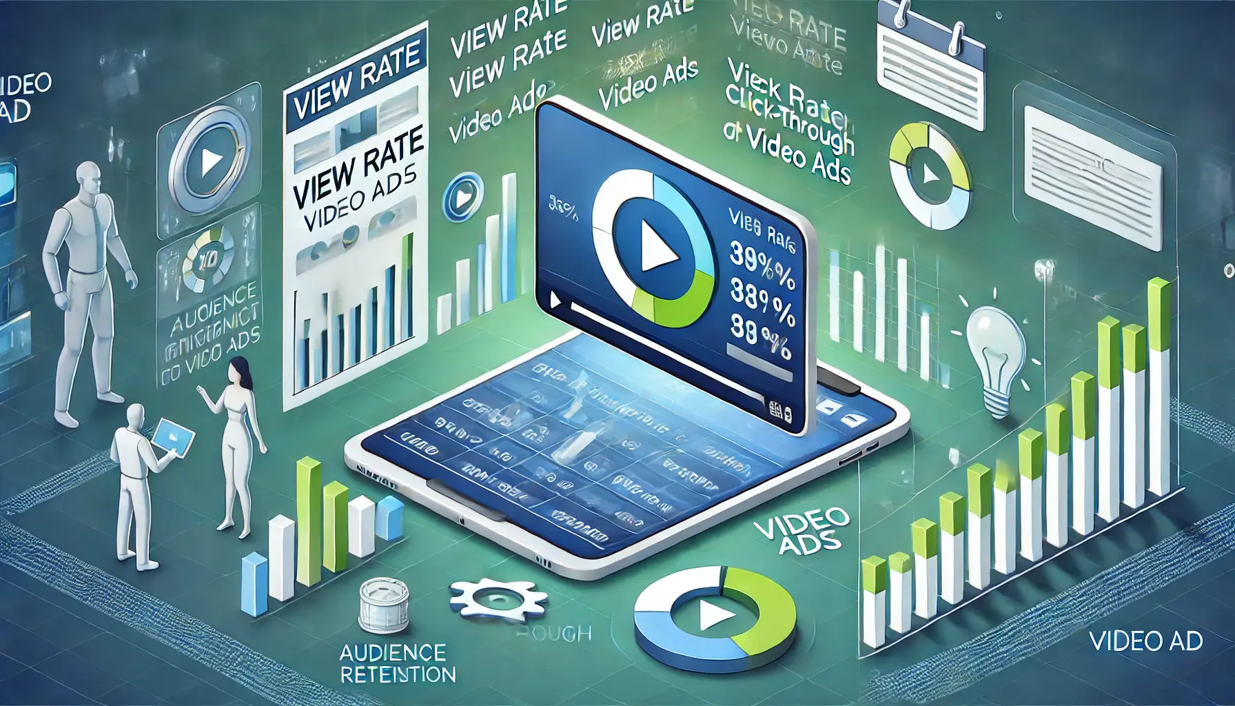 Digital analytics dashboard displaying metrics like view rate, click-through rate, and audience retention for video ads, symbolizing campaign success measurement.