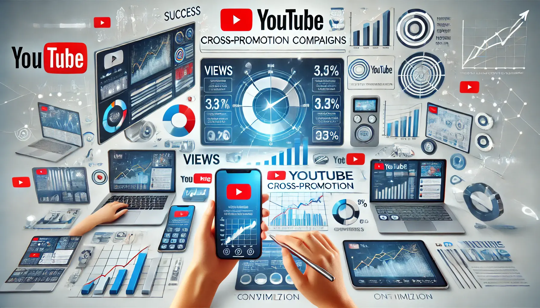 An illustration showing digital tools like analytics dashboards, graphs, and charts representing key metrics for measuring the success of YouTube cross-promotion campaigns.