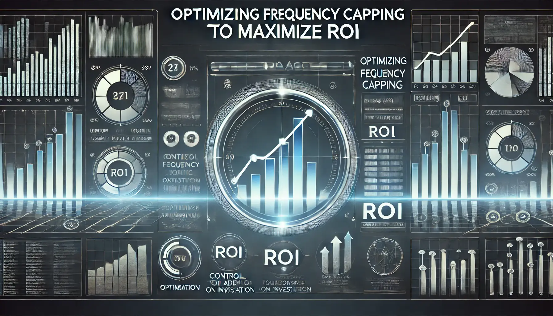 Abstract image showing a digital interface with sliders, data analytics, and upward graphs symbolizing optimizing frequency capping for ROI.