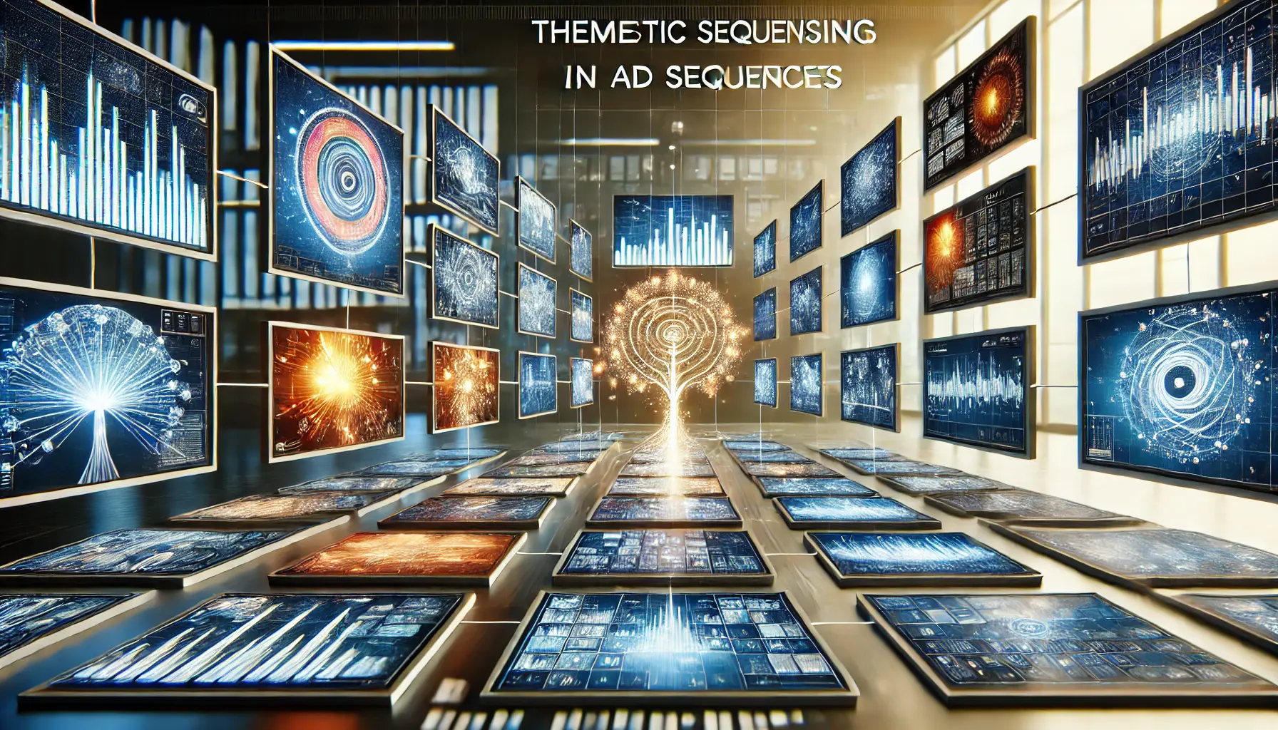 A creative visualization of thematic sequencing strategies, with digital screens connected by a glowing thread, each showing different themes of the same product or service.