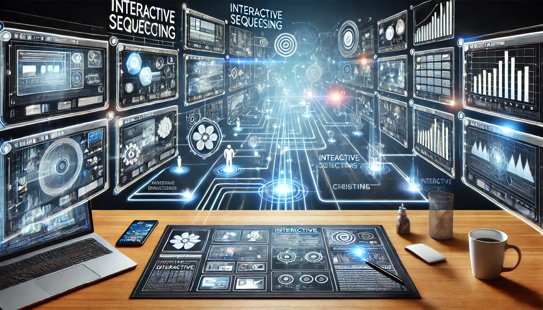 A dynamic illustration showing interactive sequencing techniques with digital screens connected by glowing, interactive lines symbolizing viewer engagement.