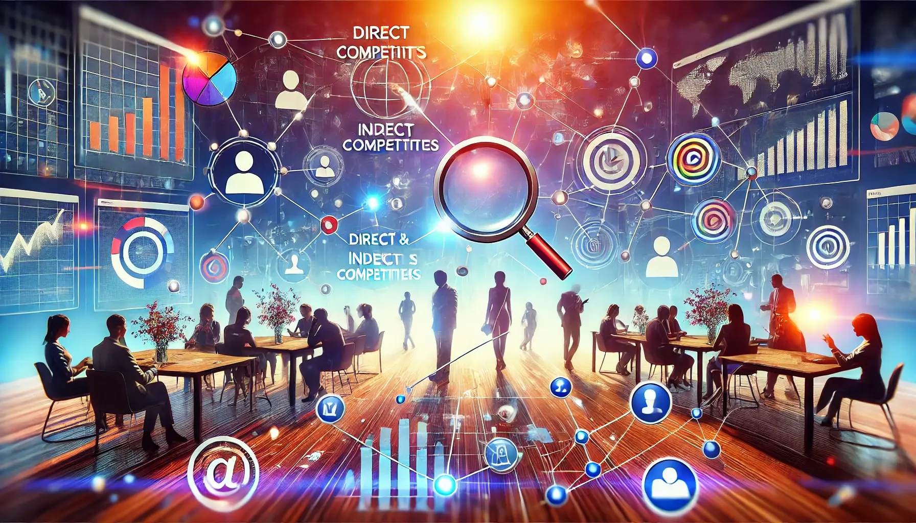 A dynamic representation of competitor discovery in digital marketing, showing interconnected network graphics, search bar icons, and silhouettes analyzing data charts in a modern workspace.