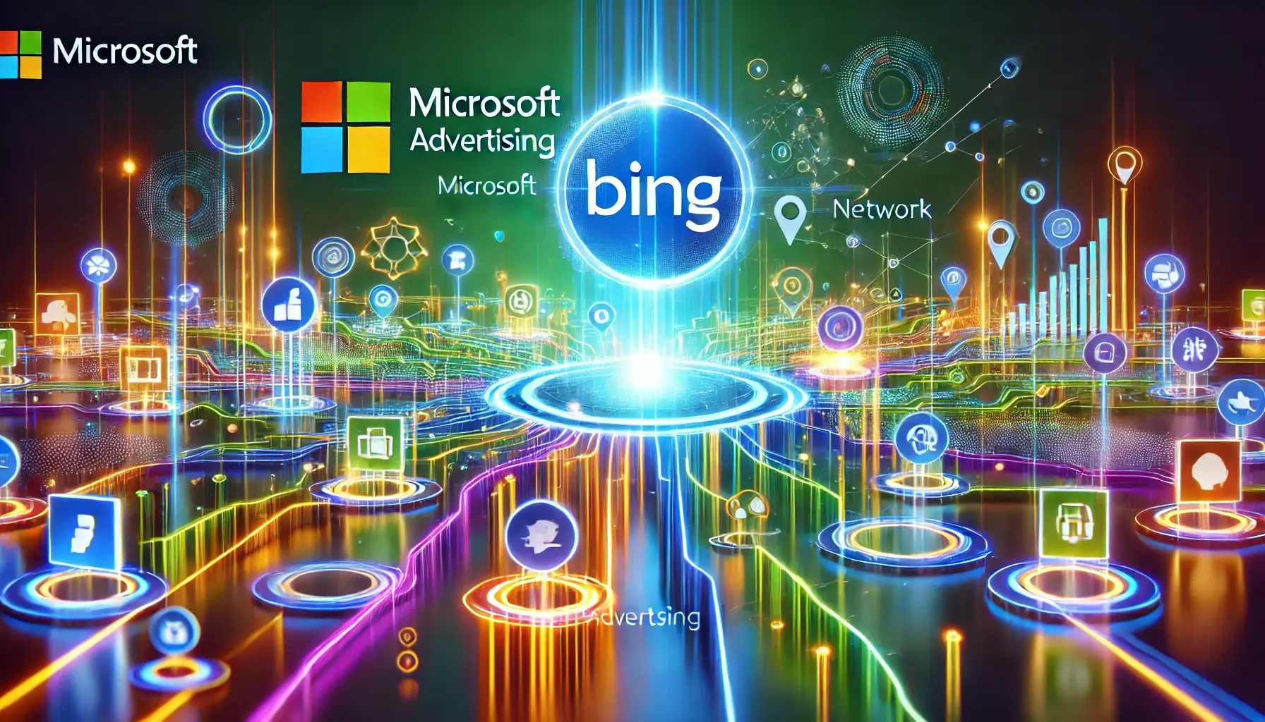 An abstract illustration symbolizing Microsoft Advertising and the Bing Network, featuring interconnected pathways, glowing blue and green hues, and data-centric visuals.