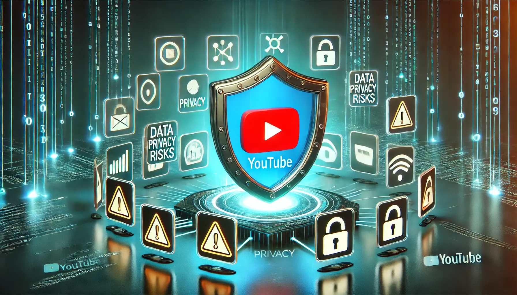 A digital shield protecting a glowing YouTube play button surrounded by icons like warning signs, locks, and data streams, symbolizing privacy risk mitigation.