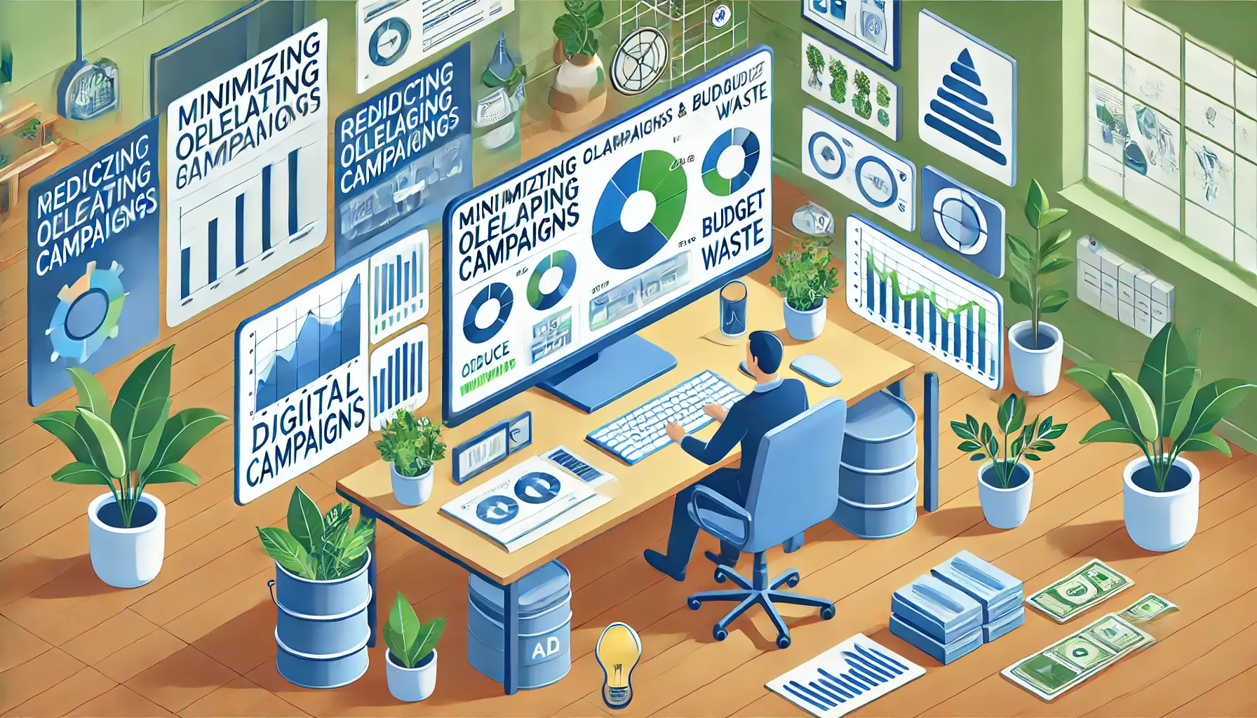 Illustration of a digital marketer organizing multiple ad campaigns on a screen with overlapping graphs and pie charts, surrounded by eco-friendly elements.