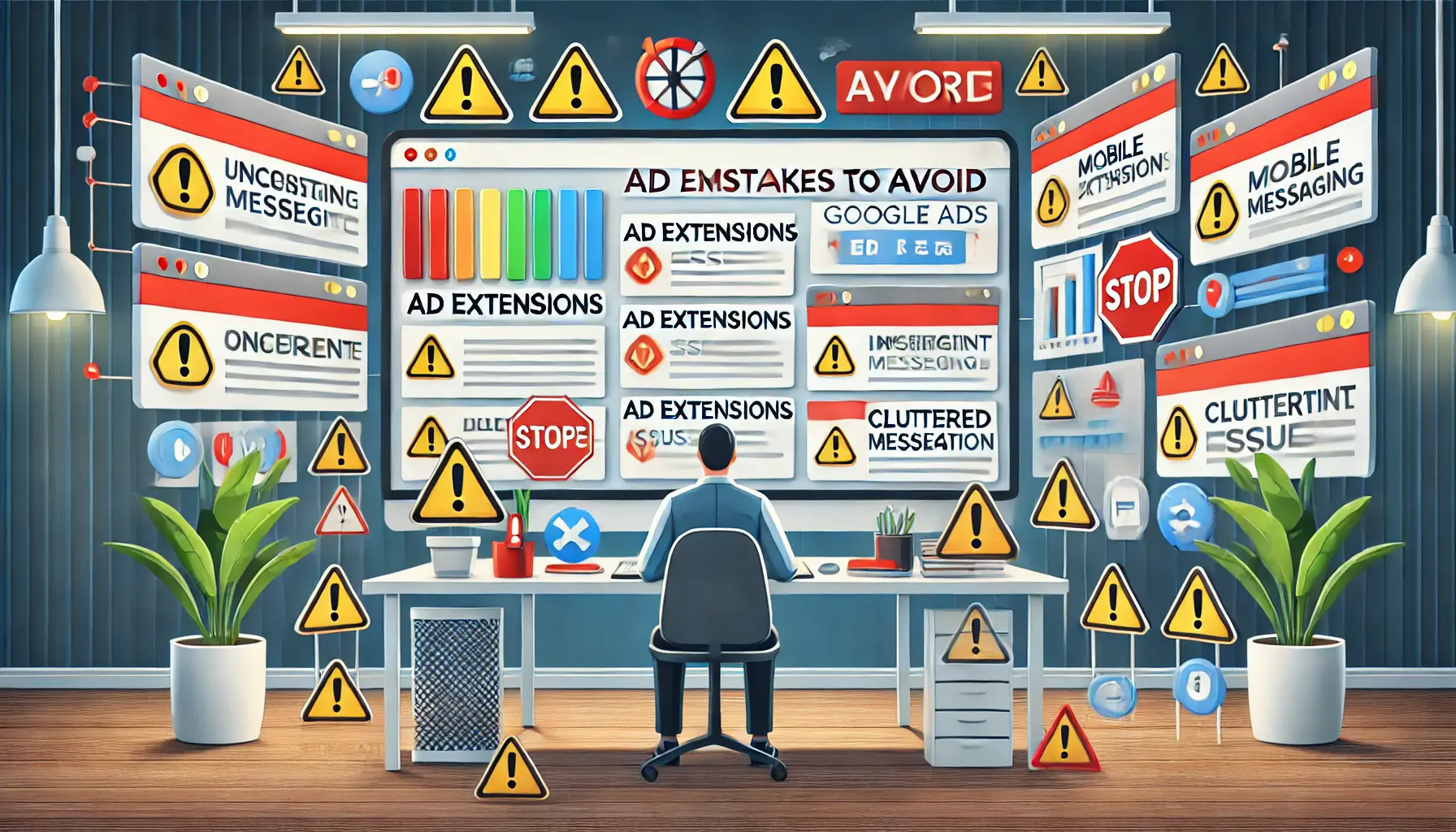 A digital marketer reviewing a cluttered dashboard with overlapping ad extension options and warning symbols like exclamation marks.