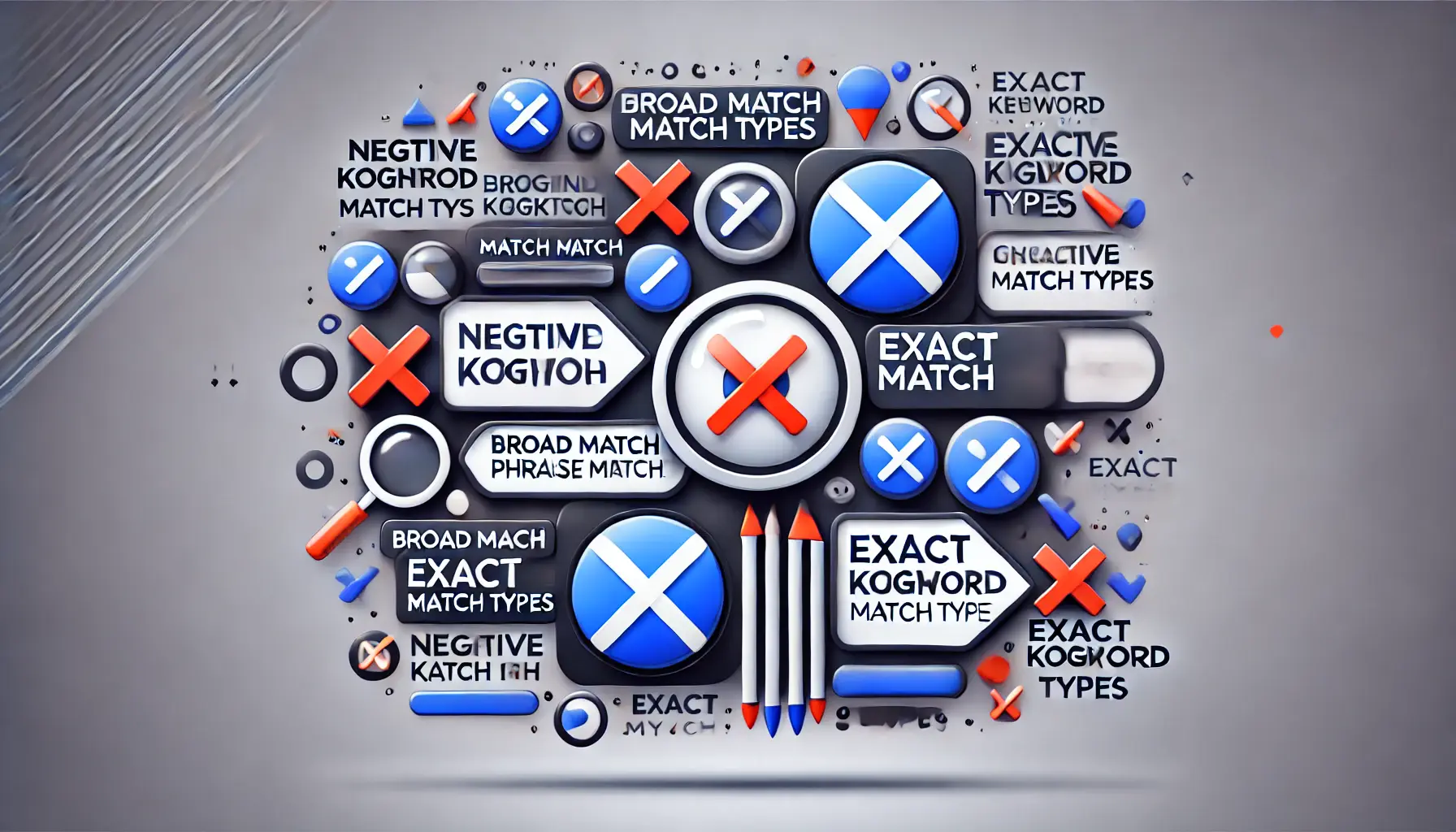 Abstract representation of misunderstanding negative keyword match types, with symbols for broad match, phrase match, and exact match.