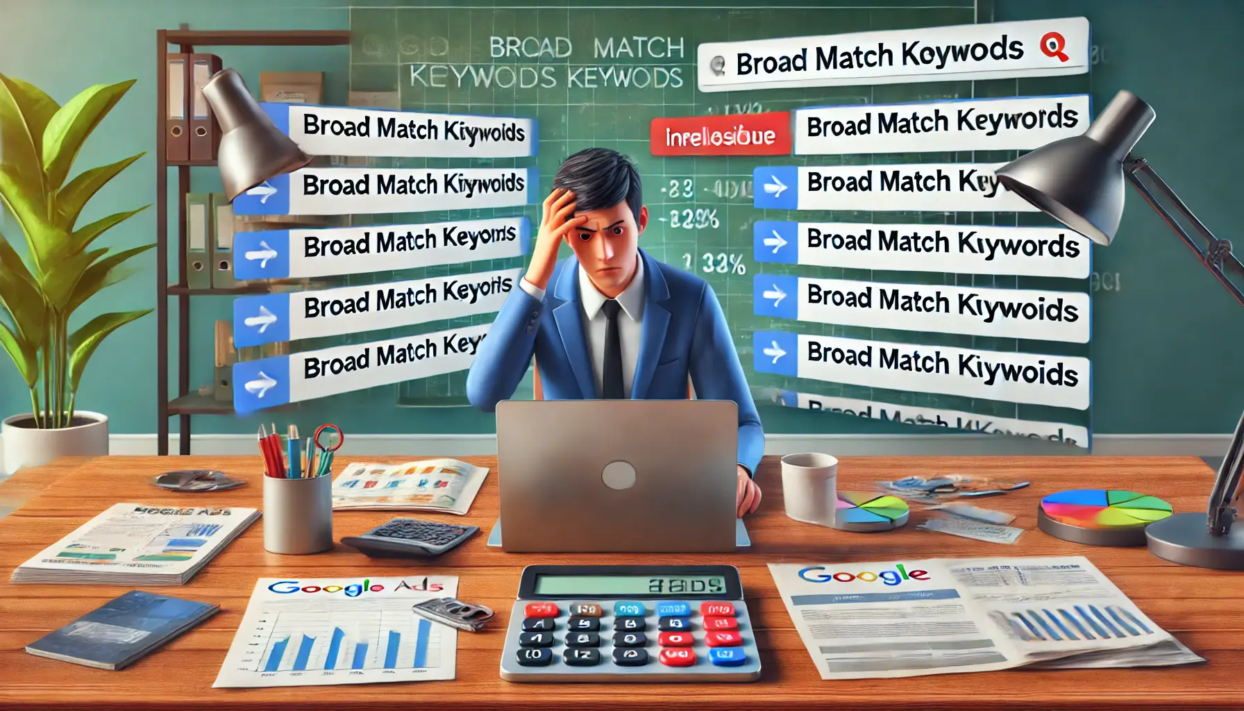 A digital marketing professional reviewing a Google Ads dashboard on a laptop, displaying irrelevant search queries triggered by broad match keywords.