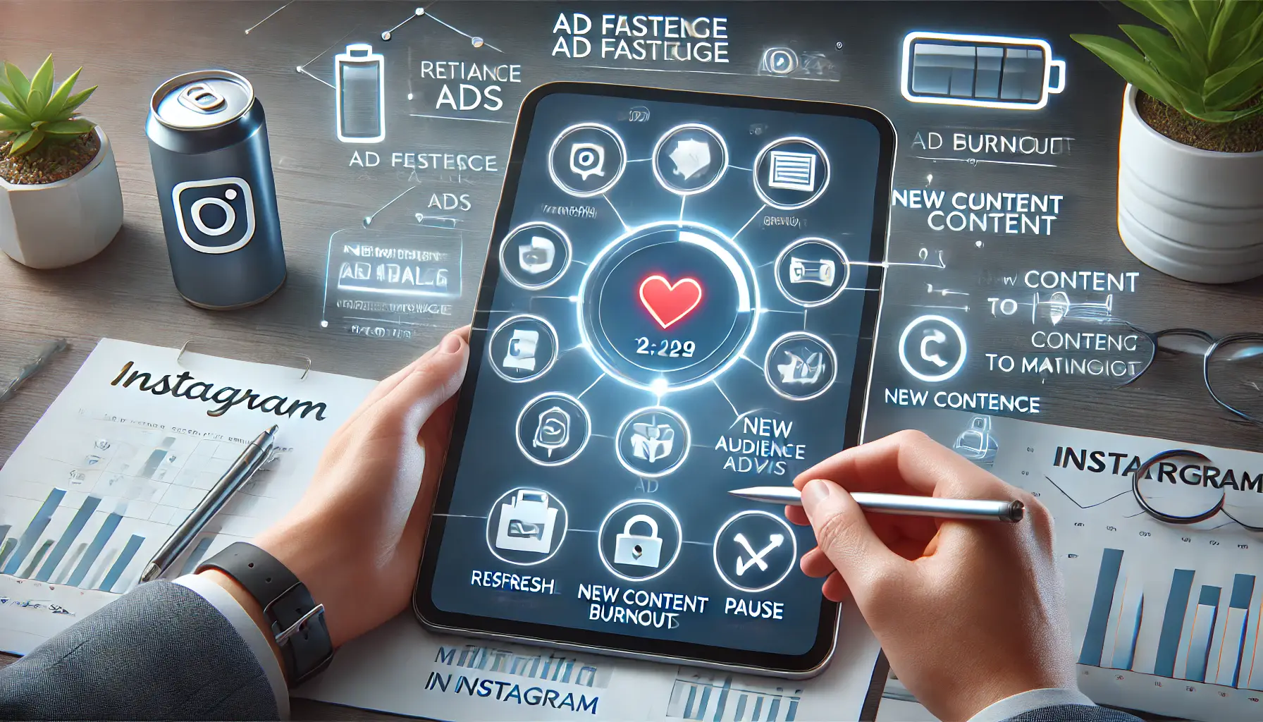 Illustration of a person reviewing performance analytics on a tablet, surrounded by icons of refresh arrows, new content visuals, and a heart, symbolizing strategies to reduce ad fatigue and keep audiences engaged.