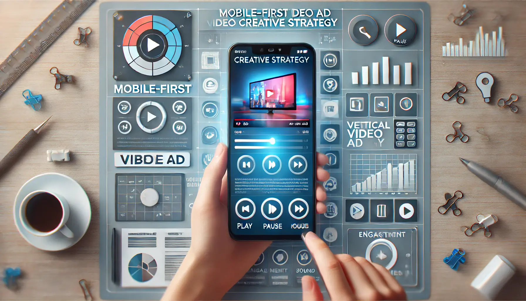 Illustration of a mobile-first video ad strategy with a smartphone displaying a vertical video ad and mobile-friendly UI icons.