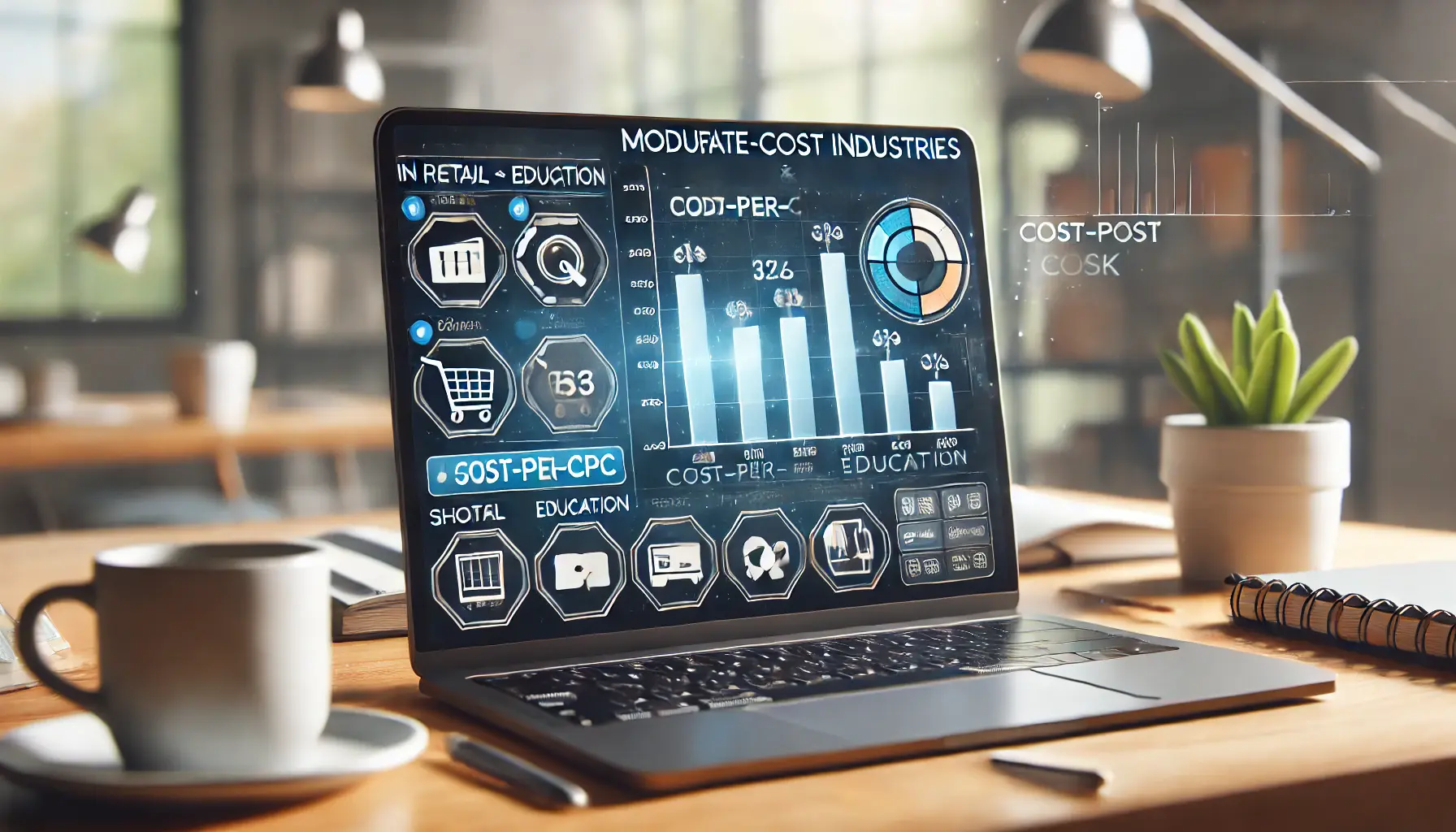 A digital marketing workspace showing CPC data for retail and education industries, with a bar graph and icons representing shopping carts and school-related symbols.