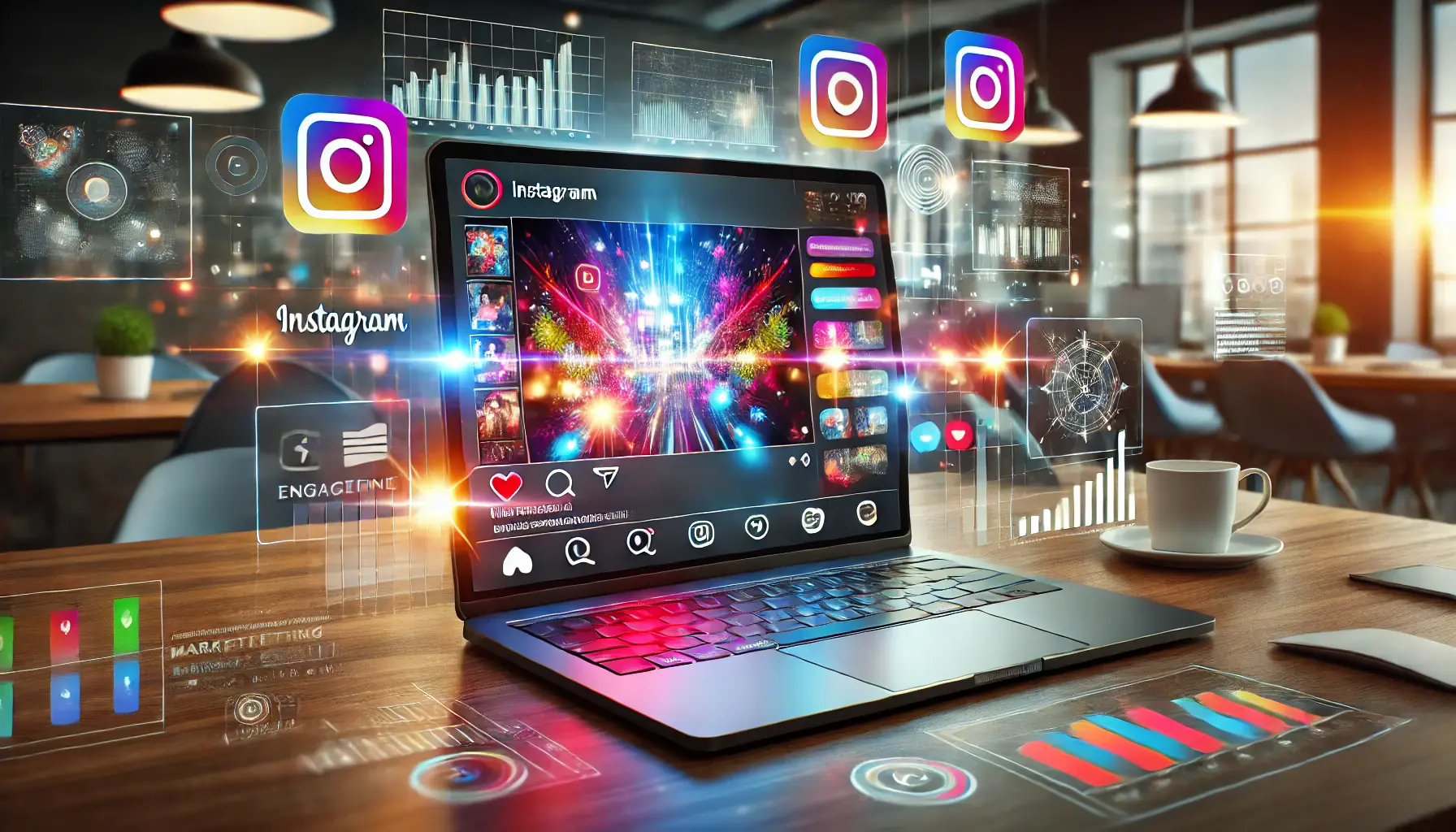 A sleek laptop displaying a vibrant Instagram ad setup with floating digital marketing icons like hashtags, engagement charts, and audience analytics in a stylish office setting.