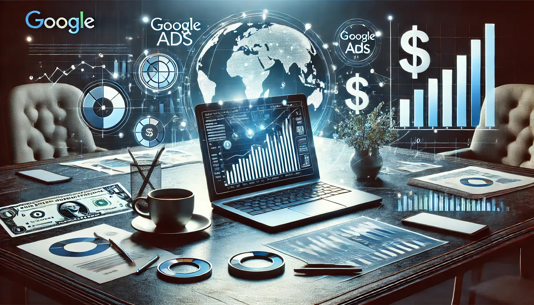 A modern workspace showcasing digital content monetization with Google Ads, featuring a laptop with analytics, graphs, and ad icons.