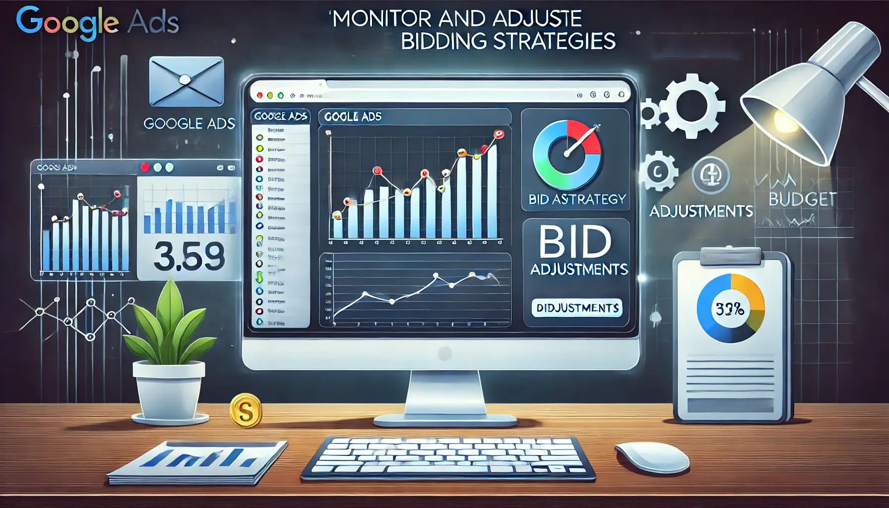 A computer screen displaying a Google Ads bidding strategy dashboard with visible bid adjustments, surrounded by symbols like a fluctuating graph, gear icon, and dollar sign.