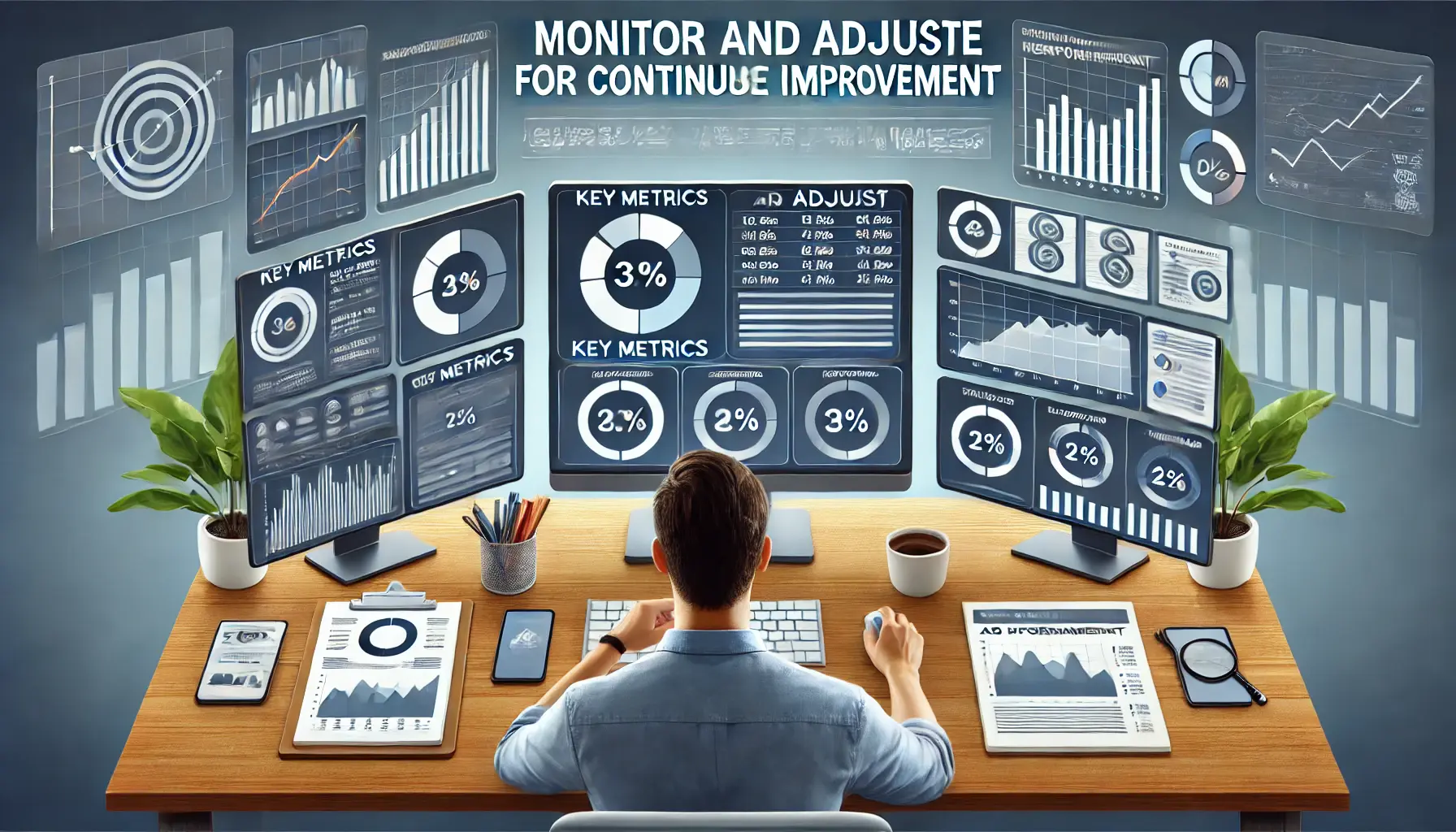 A person monitoring ad performance data on multiple screens in a modern workspace.