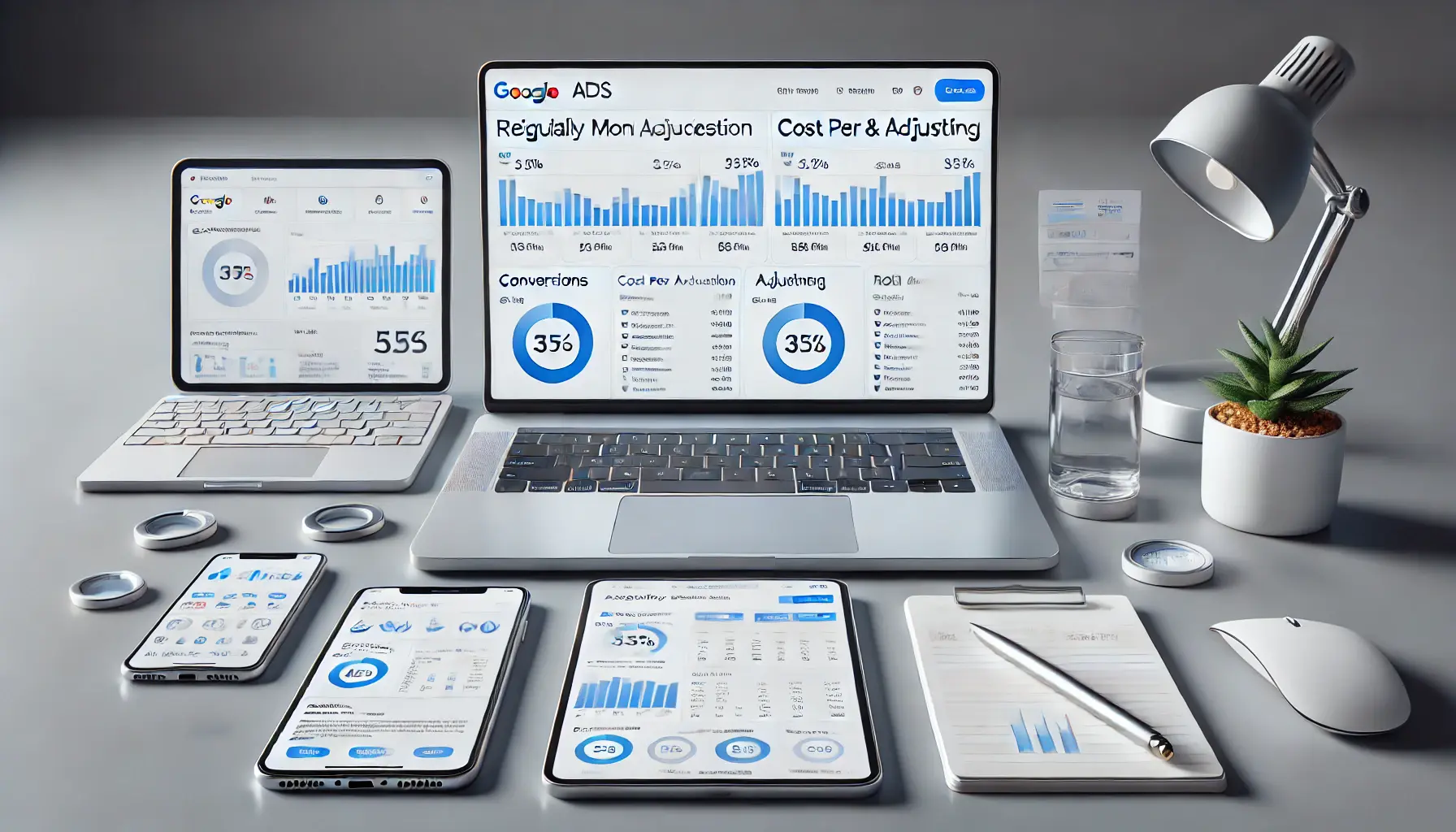 A professional workspace with a laptop displaying a live Google Ads dashboard, a tablet with detailed analytics, a smartphone with a notification, and a notepad, symbolizing regular monitoring and adjustments in campaigns.