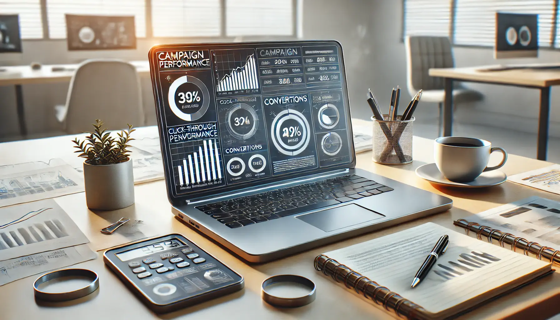 A professional workspace with a laptop displaying a campaign performance dashboard showing metrics like click-through rate and conversions, surrounded by a notepad, pen, and coffee cup.