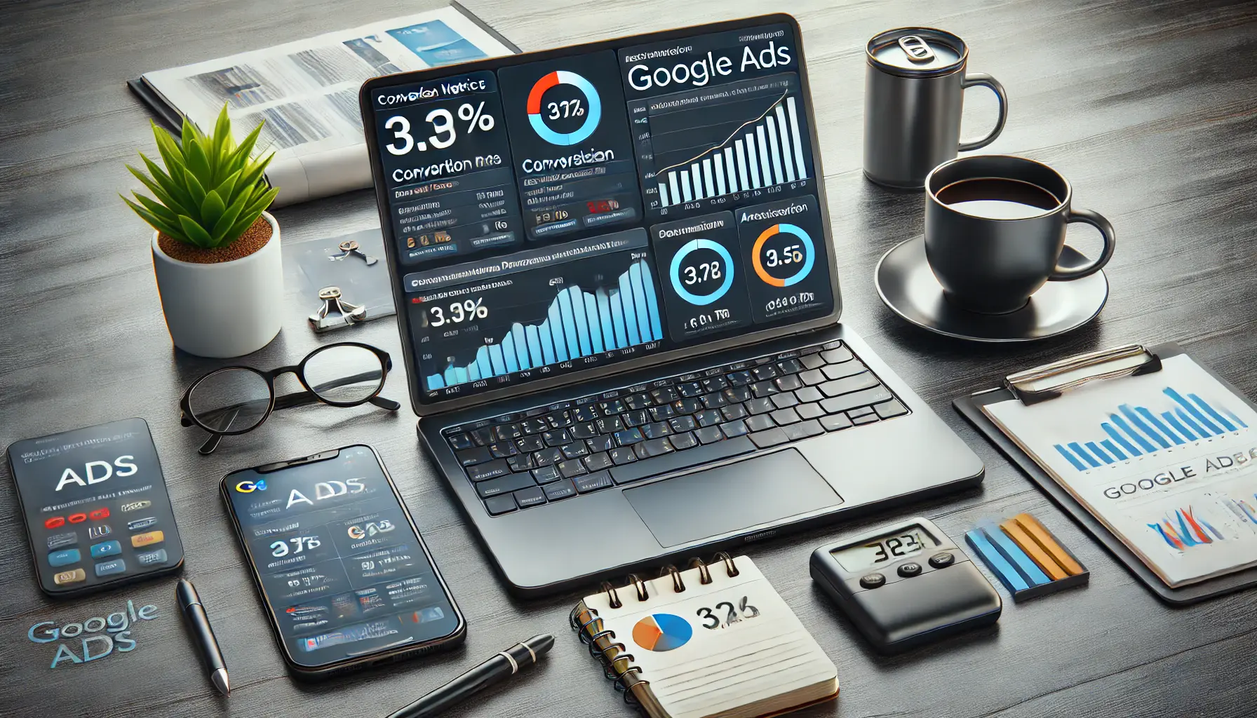 A laptop displaying an analytics dashboard with key metrics like conversion rates and CTR, surrounded by a smartphone with campaign data, a notepad with insights, and a coffee mug in a modern workspace.