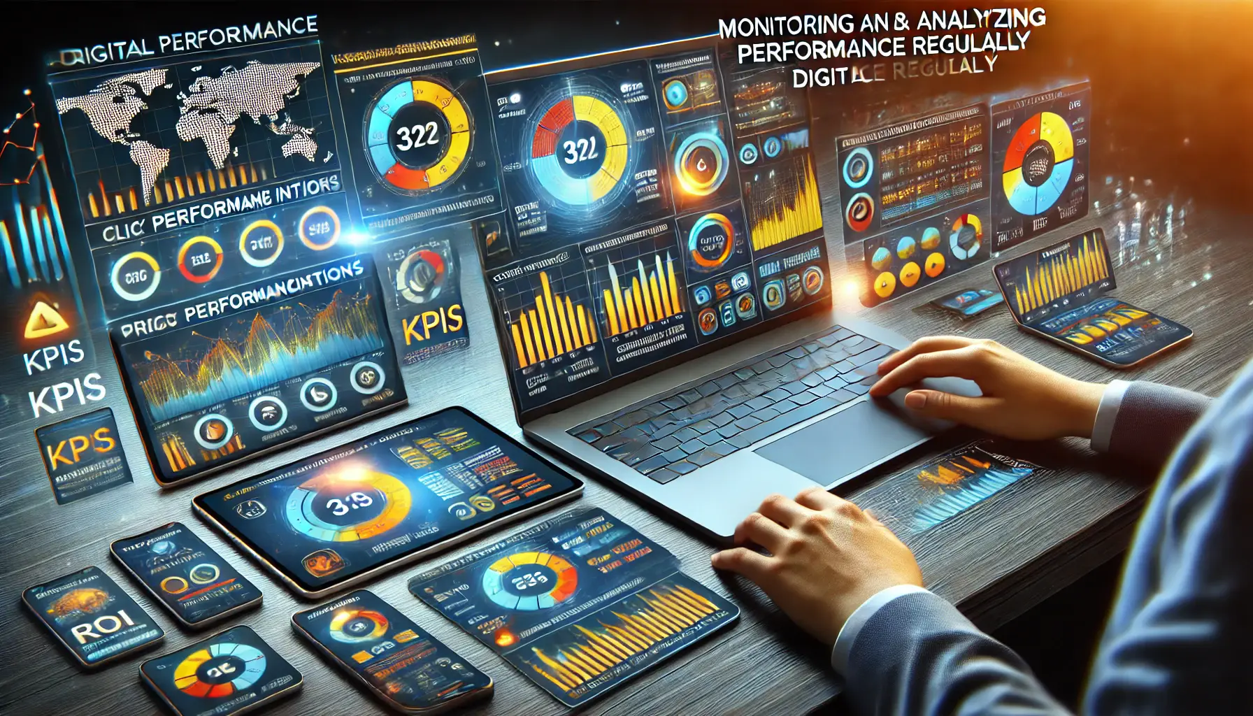 Visualization of monitoring and analyzing performance regularly with digital devices showing real-time metrics and analytics dashboards.