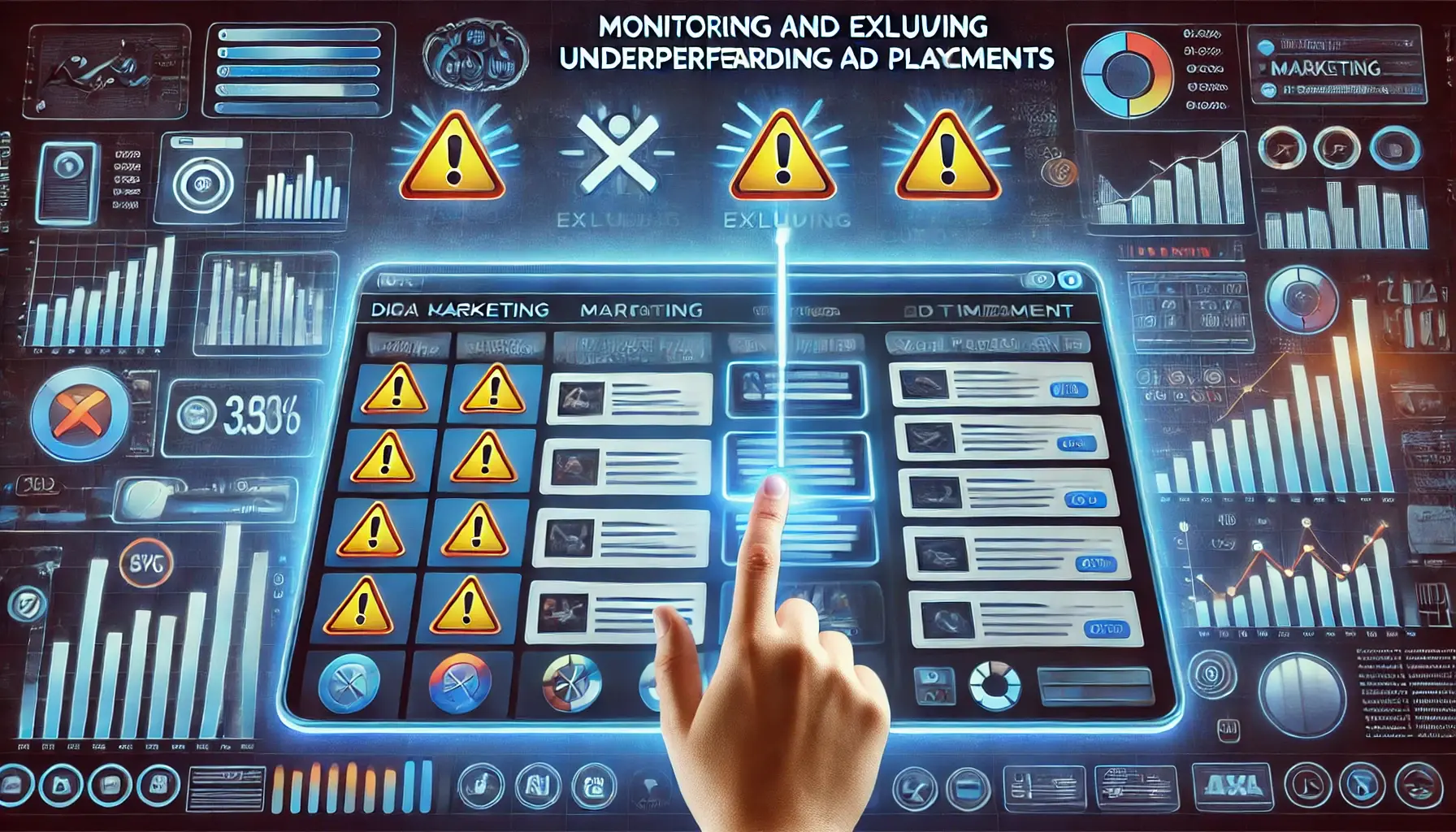 Illustration showing the monitoring and exclusion of underperforming ad placements with a digital dashboard.