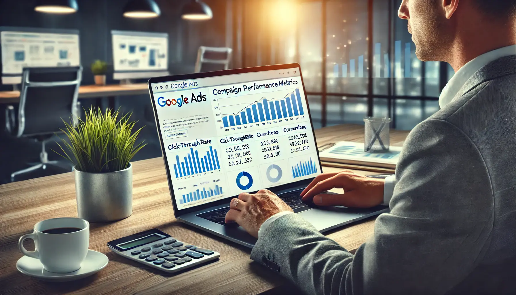 A business professional reviewing Google Ads performance metrics on a laptop screen displaying data like CTR, conversions, and CPC.