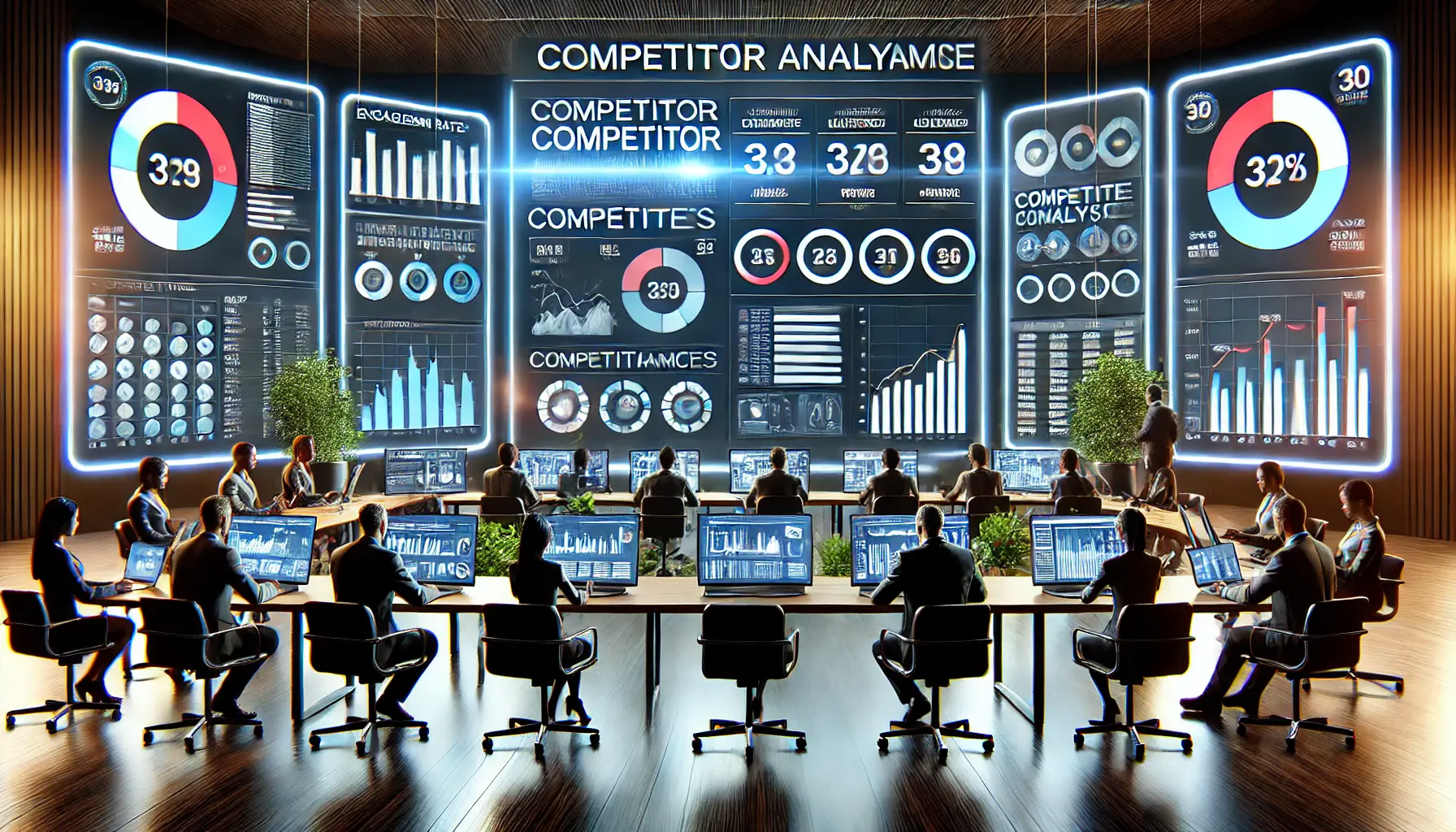 A modern digital workspace displaying tools for monitoring competitor performance in social media campaigns, with interactive dashboards tracking engagement rates, content analysis, and audience interaction.