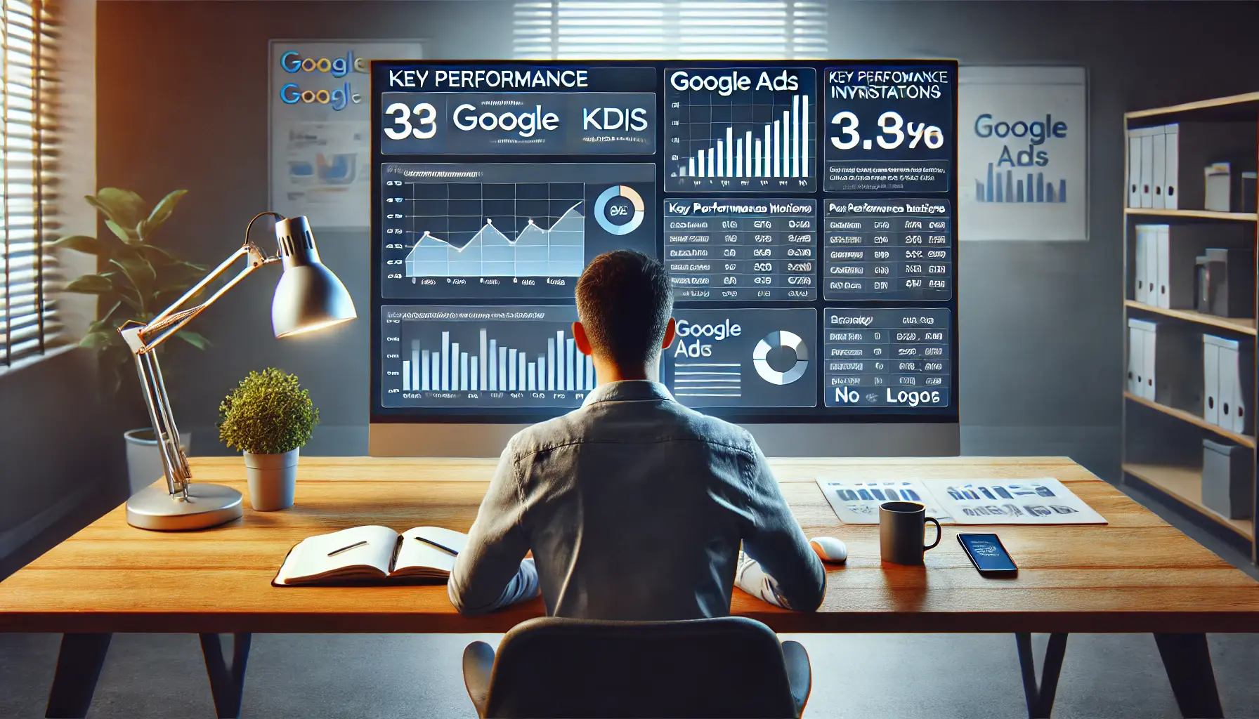 A digital marketer analyzing performance metrics on a large screen, displaying graphs and KPIs in a modern workspace.