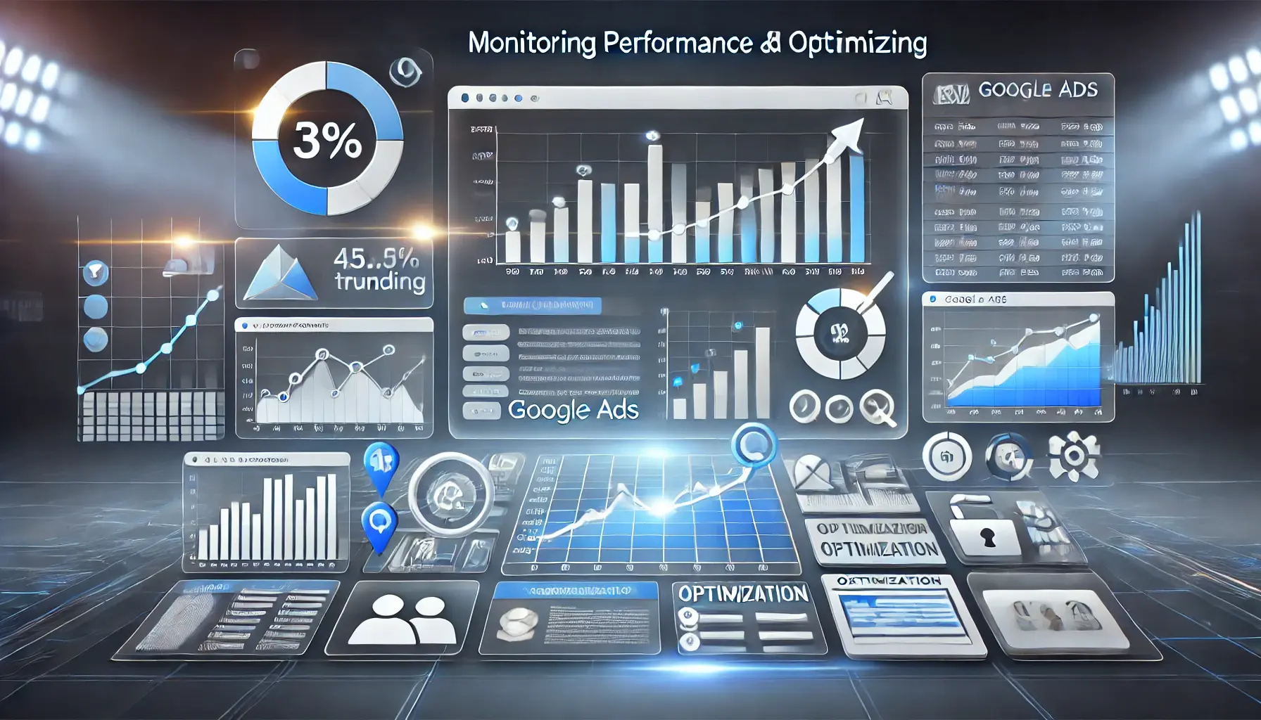 An image representing the monitoring of performance and optimization in Google Ads, featuring analytics tools like graphs and performance metrics.