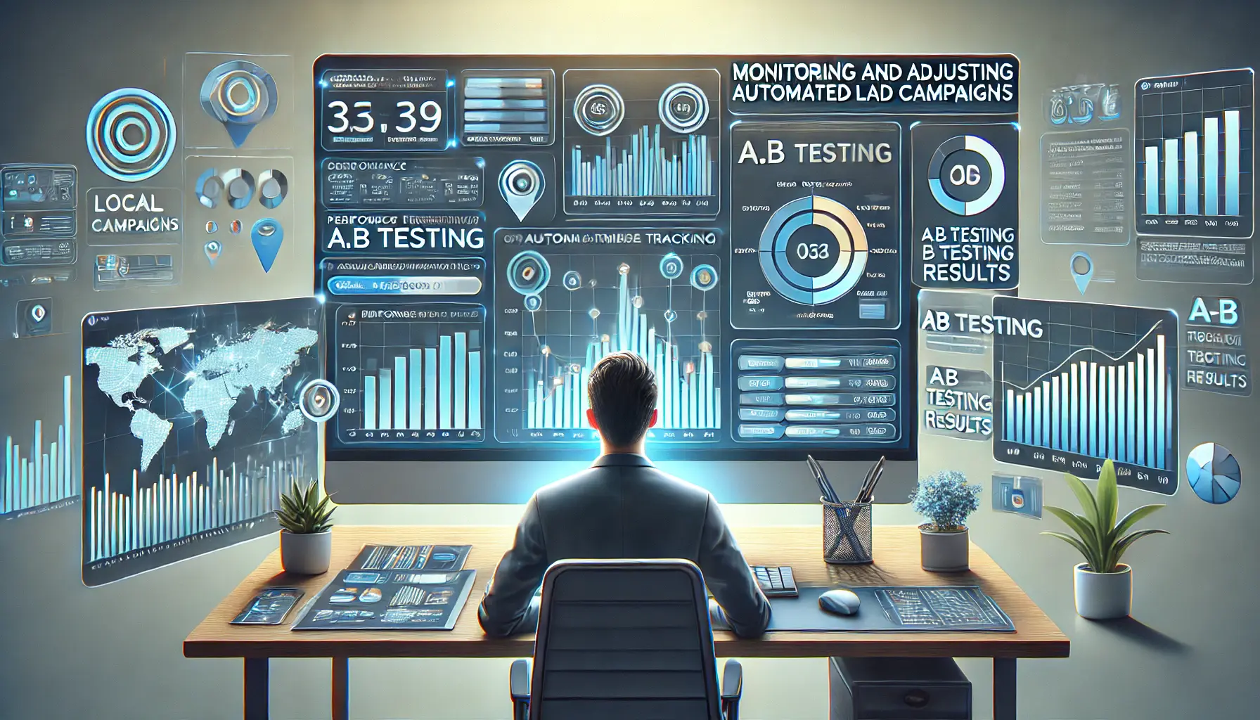 Professional analyzing performance data on a computer screen with dynamic charts and A/B testing visuals.