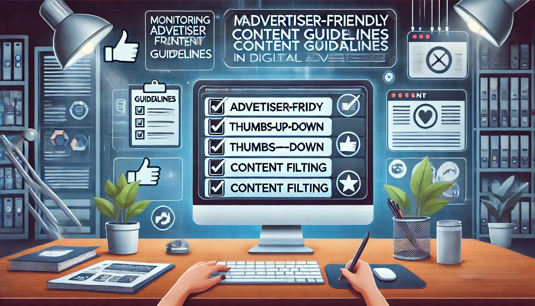 A digital workspace illustrating the process of monitoring advertiser-friendly content guidelines.