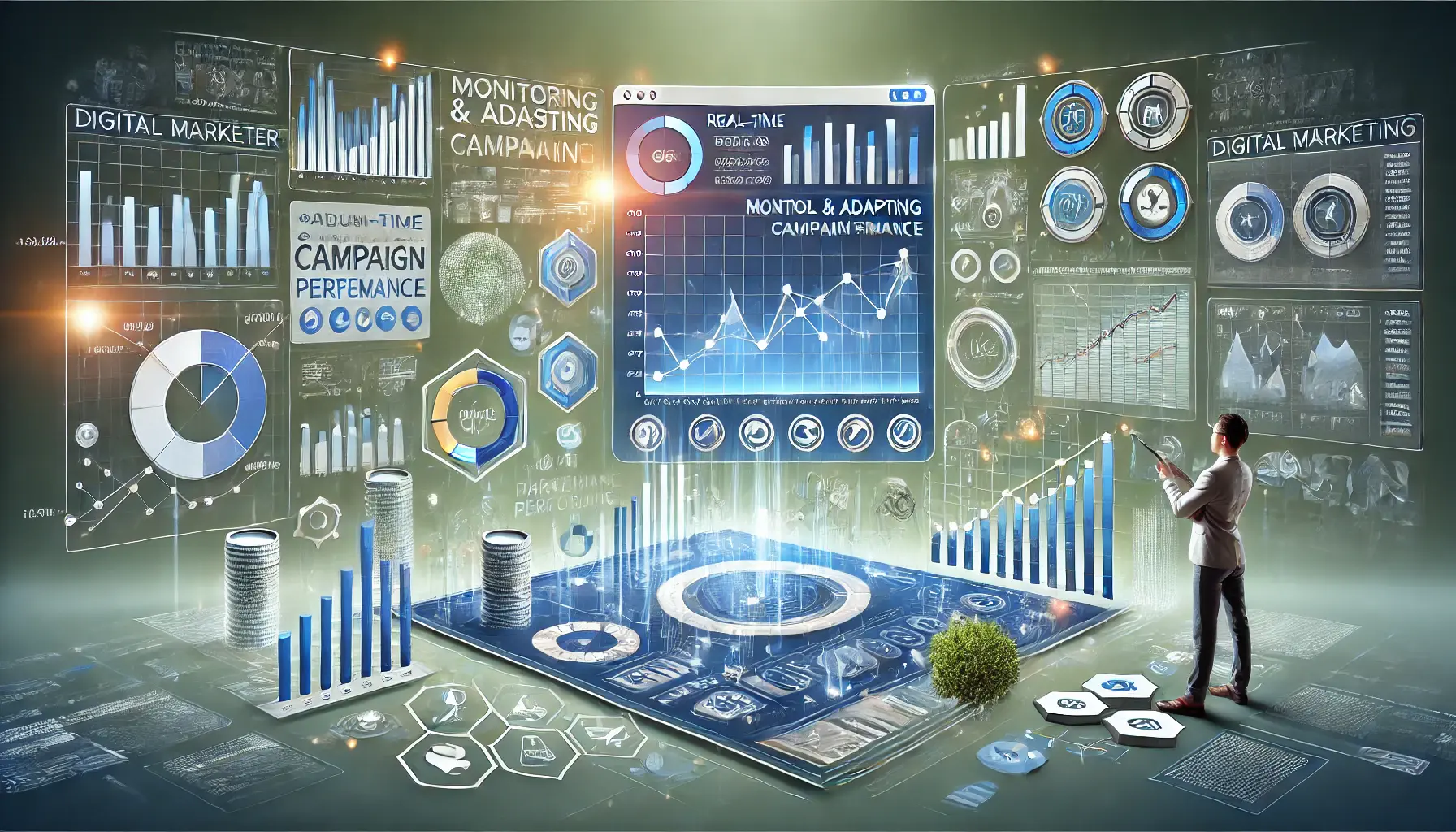 An image representing the monitoring and adaptation of campaign performance with real-time data metrics, graphs, and marketing tools.