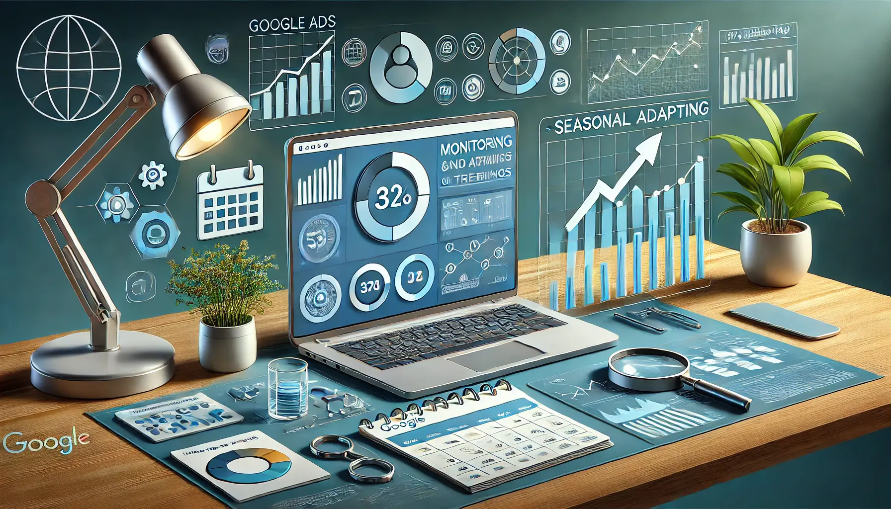 A workspace featuring a laptop displaying a trend analysis dashboard, surrounded by charts of market fluctuations, a calendar for seasonal campaigns, and icons symbolizing adaptability.