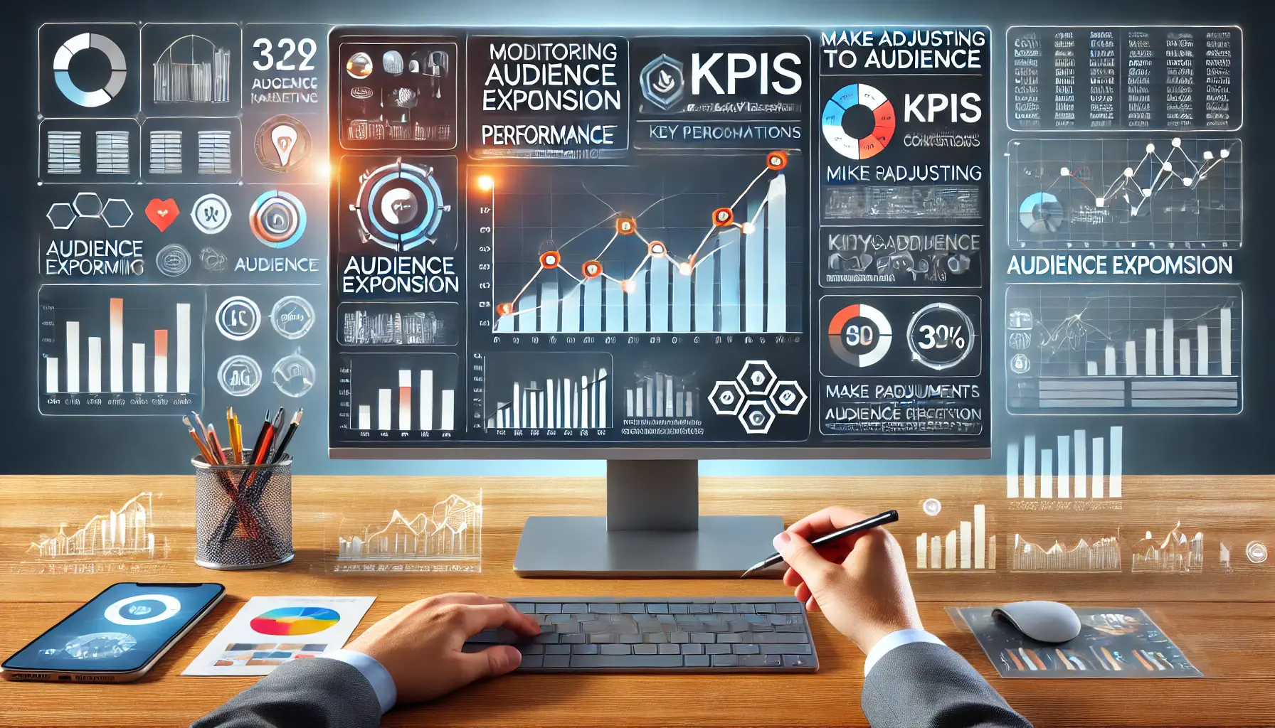 An image showing a digital marketer analyzing performance metrics on a computer screen, reviewing audience data and making adjustments to audience expansion targeting.