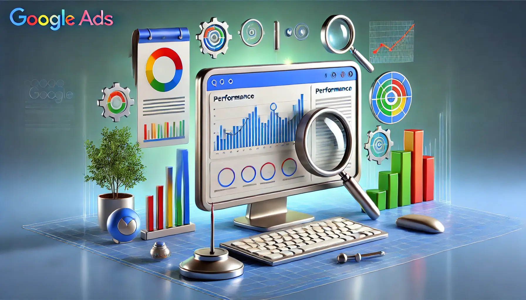 A digital workspace with a computer screen showing performance analytics, graphs, and icons like a magnifying glass and sliders.