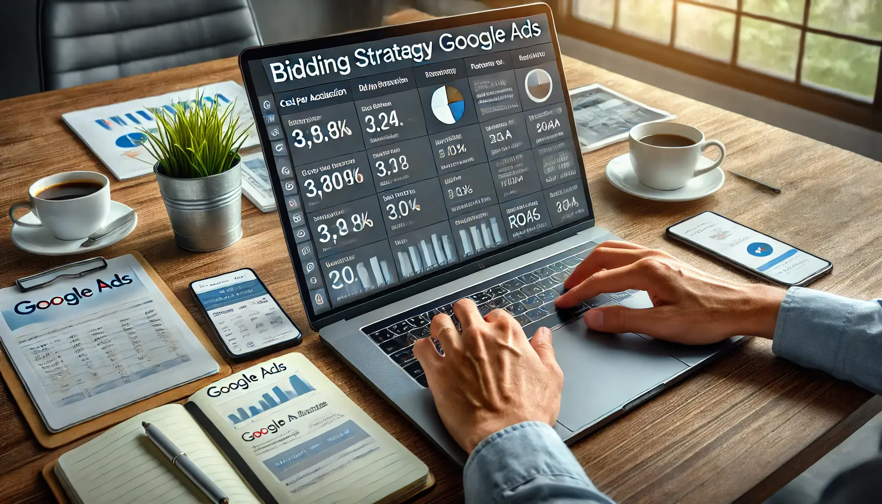 A digital marketing professional adjusting bidding strategies in Google Ads for campaign optimization.