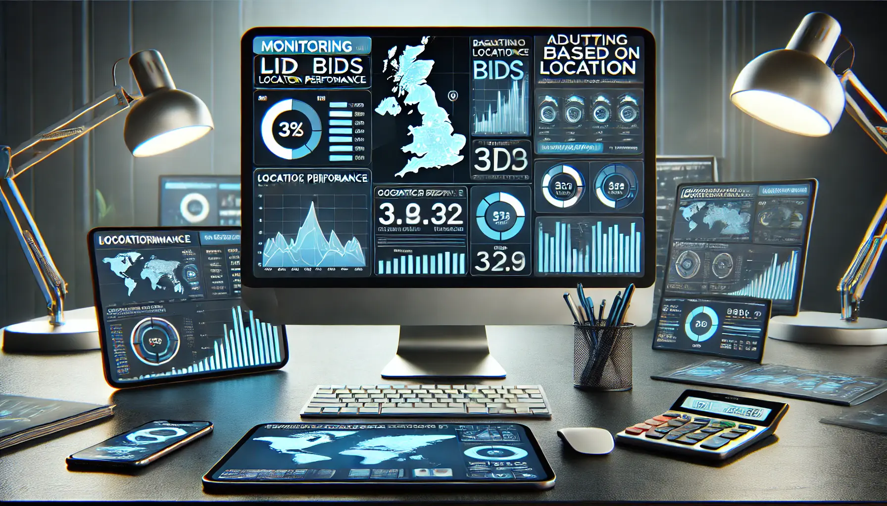 A computer screen displaying a campaign dashboard with performance graphs, heat maps, and bid adjustment sliders based on location.