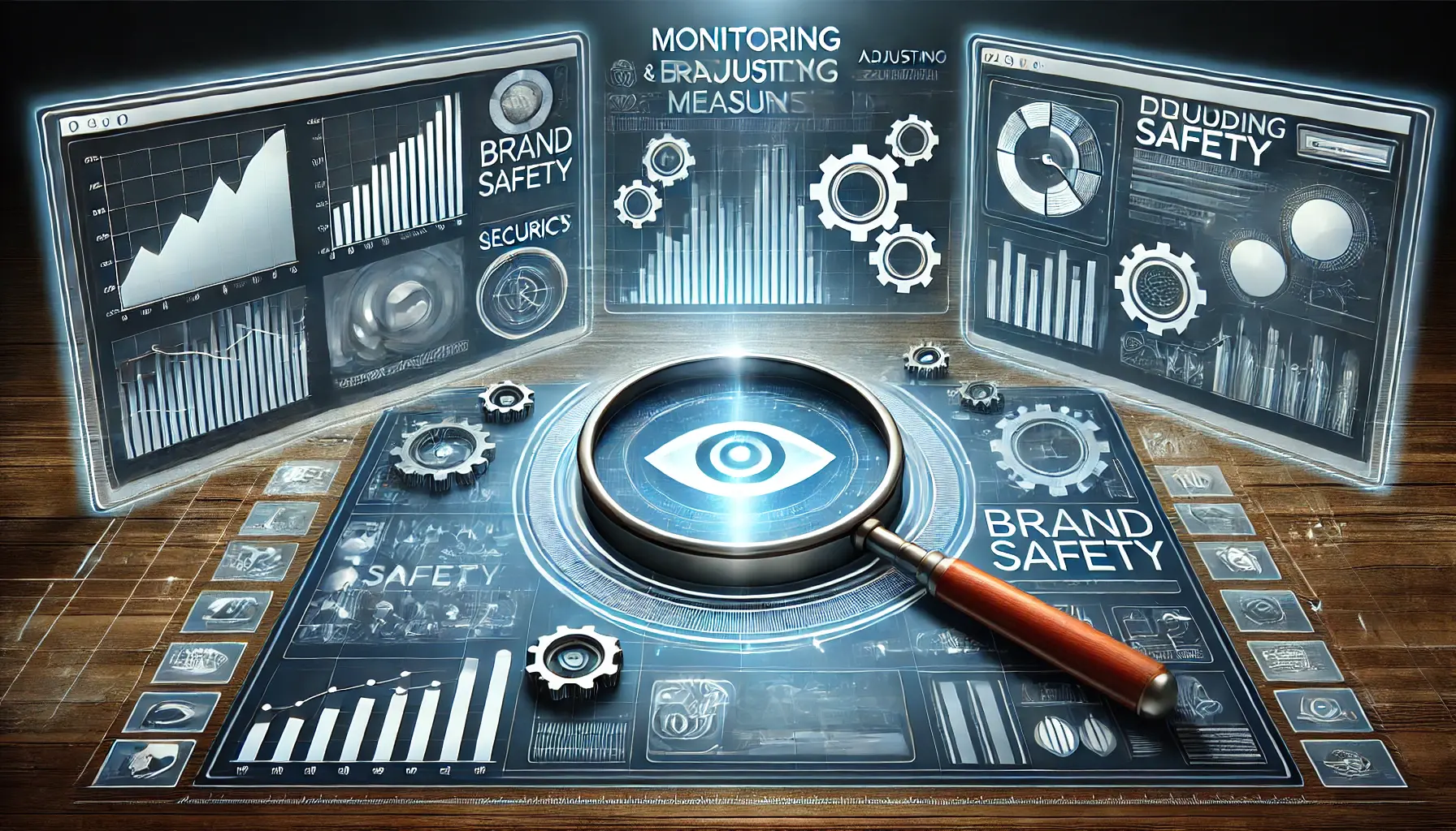 An image depicting a dashboard with various analytics and monitoring tools, such as graphs and performance metrics, symbolizing the monitoring and adjustment of brand safety measures.