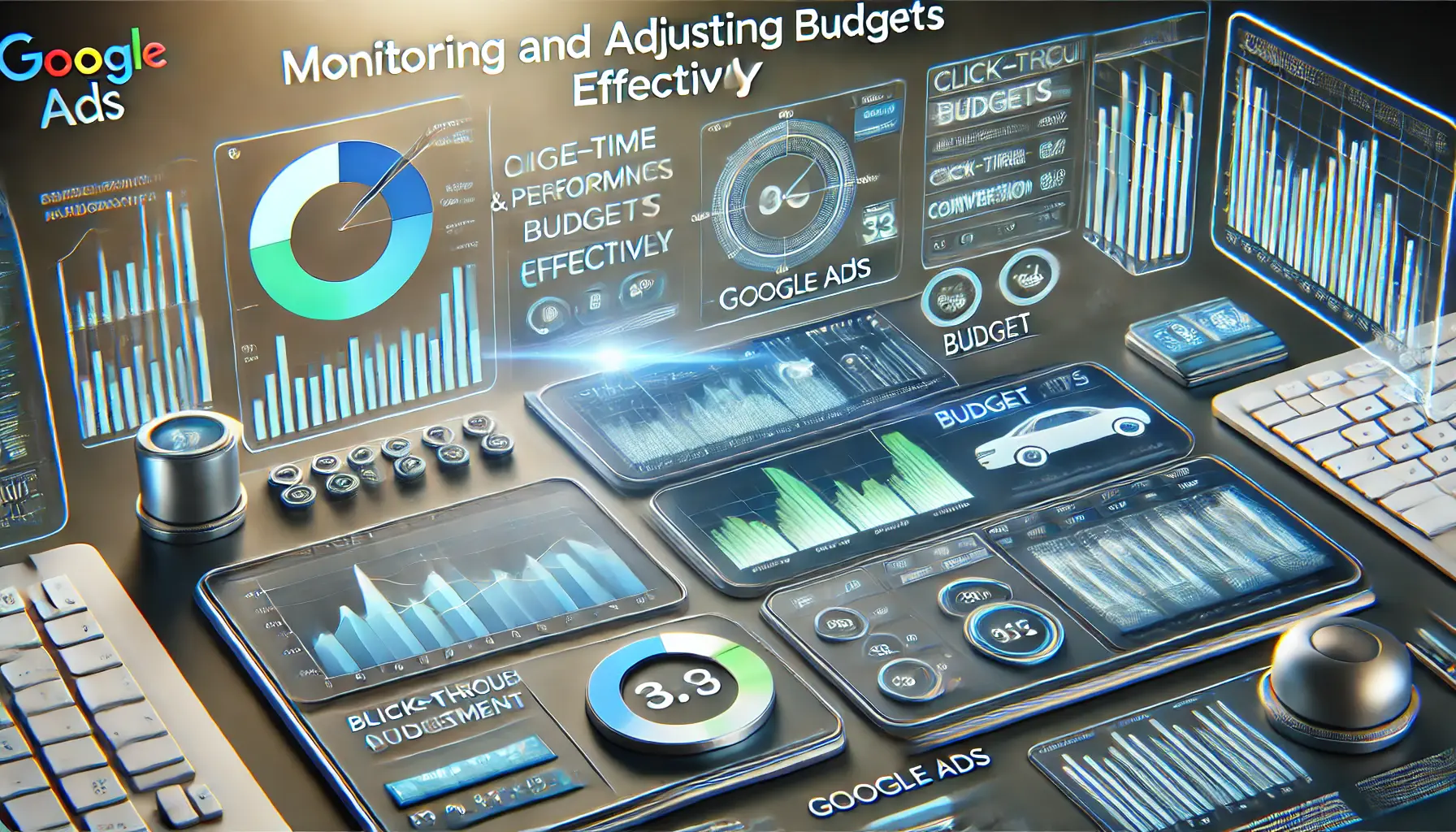 Digital workspace with performance metrics, budget tracking tools, and real-time graphs for Google Ads.