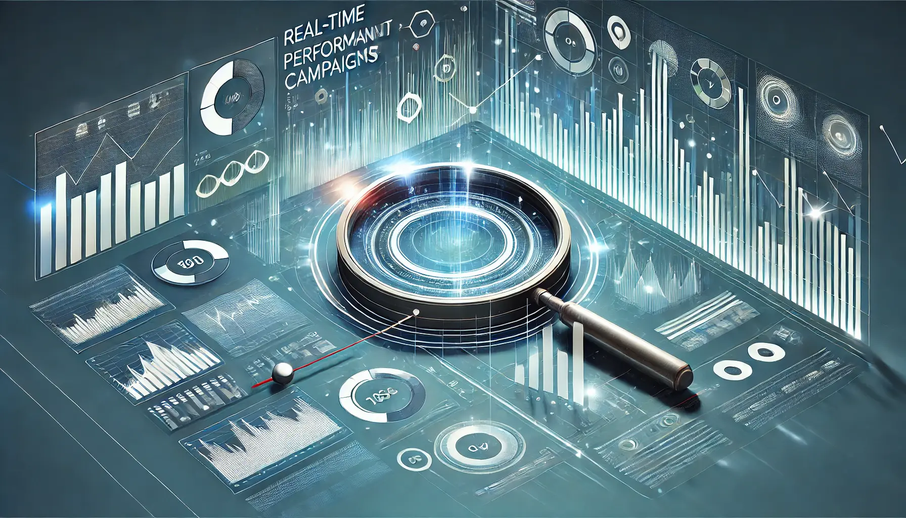 Abstract illustration of monitoring and adjusting digital marketing campaigns with a dashboard, performance metrics, optimization sliders, and data flow elements.