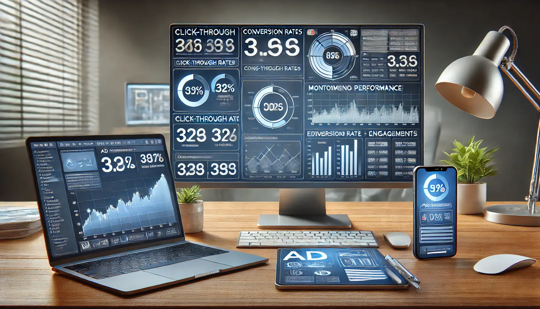 Workspace showing an analytics dashboard with ad performance metrics such as CTR, conversion rates, and engagement levels.