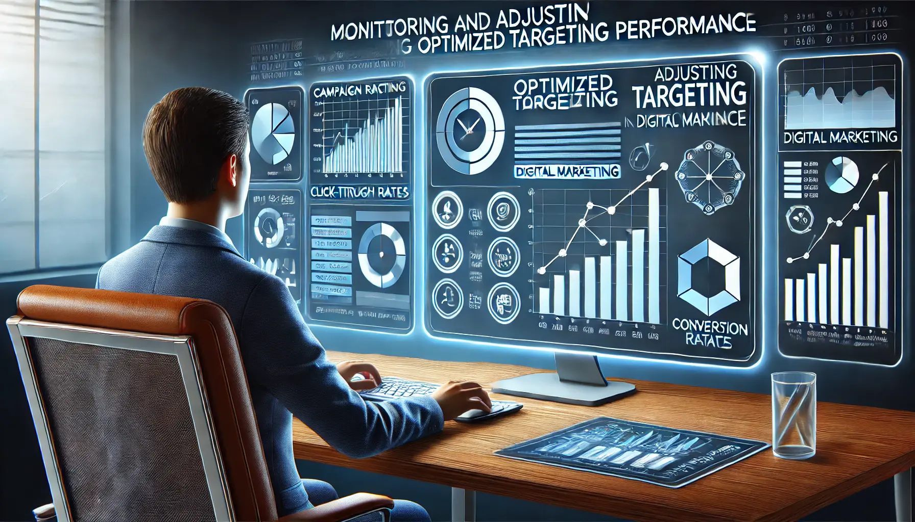 An image showing a digital marketer monitoring and adjusting optimized targeting performance, reviewing key metrics like conversion rates and audience engagement on a computer screen.