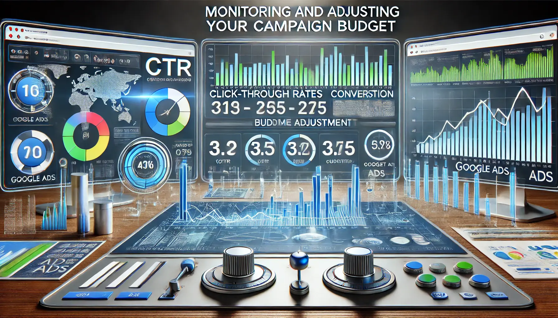 Digital workspace with performance tracking dashboards and budget adjustment controls for Google Ads.