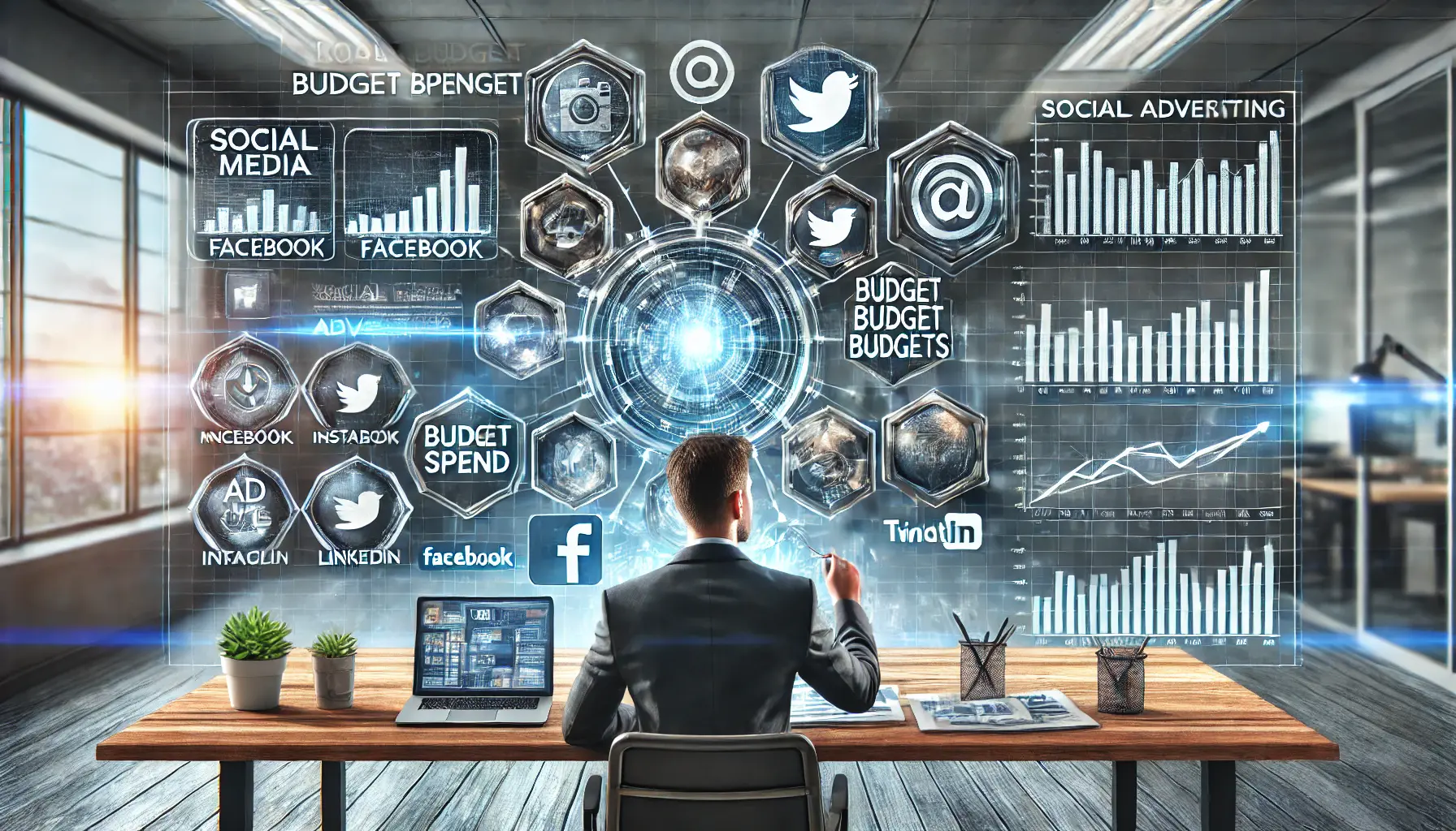 A digital illustration of a marketing workspace featuring a digital dashboard displaying key performance metrics, budget utilization, and ad spend trends across Facebook, Instagram, LinkedIn, and Twitter. A marketing professional is analyzing data and making budget adjustments on a laptop.