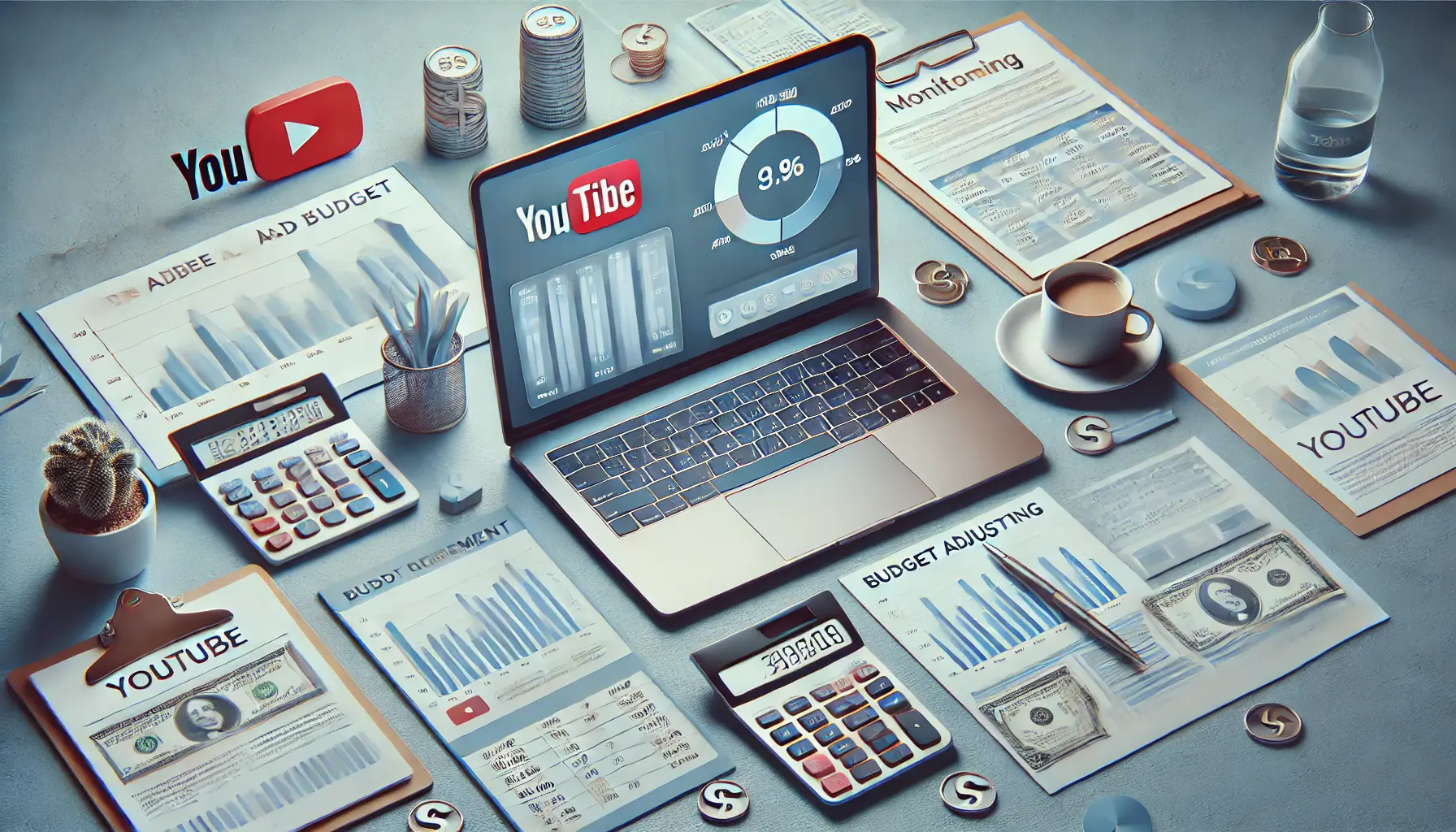 A workspace with a laptop showing a dashboard of ad performance, financial documents, a calculator, and a cup of coffee, illustrating the process of monitoring and adjusting a YouTube ad budget.