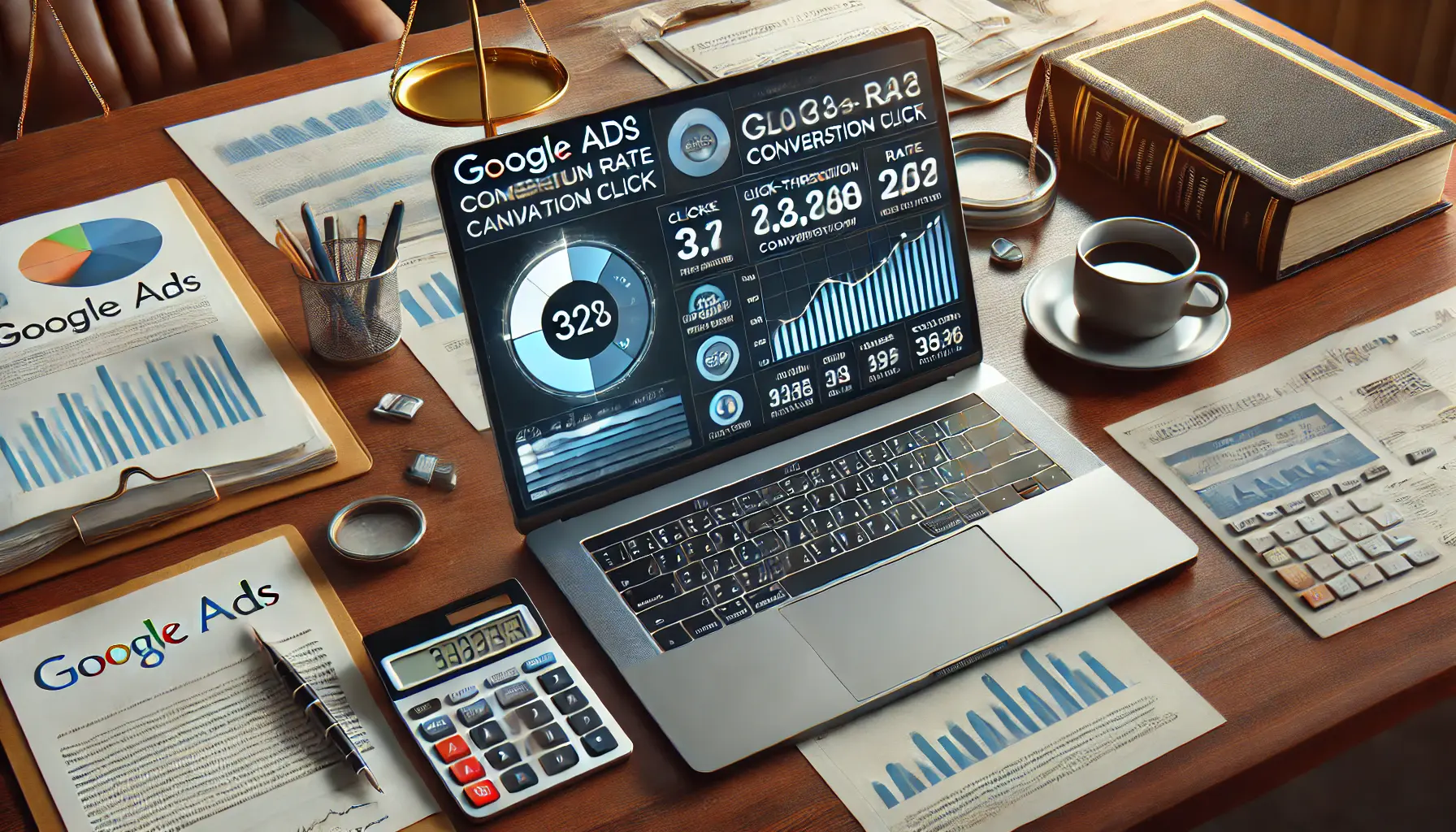 A modern office desk with a laptop displaying Google Ads campaign metrics, including graphs and data analysis tools, along with legal documents and a cup of coffee.