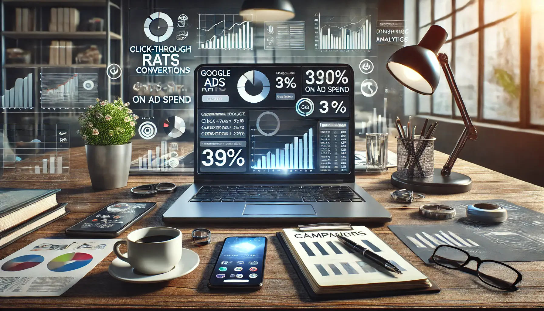 A modern workspace with a laptop displaying Google Ads performance metrics like click-through rates, conversions, and return on ad spend.