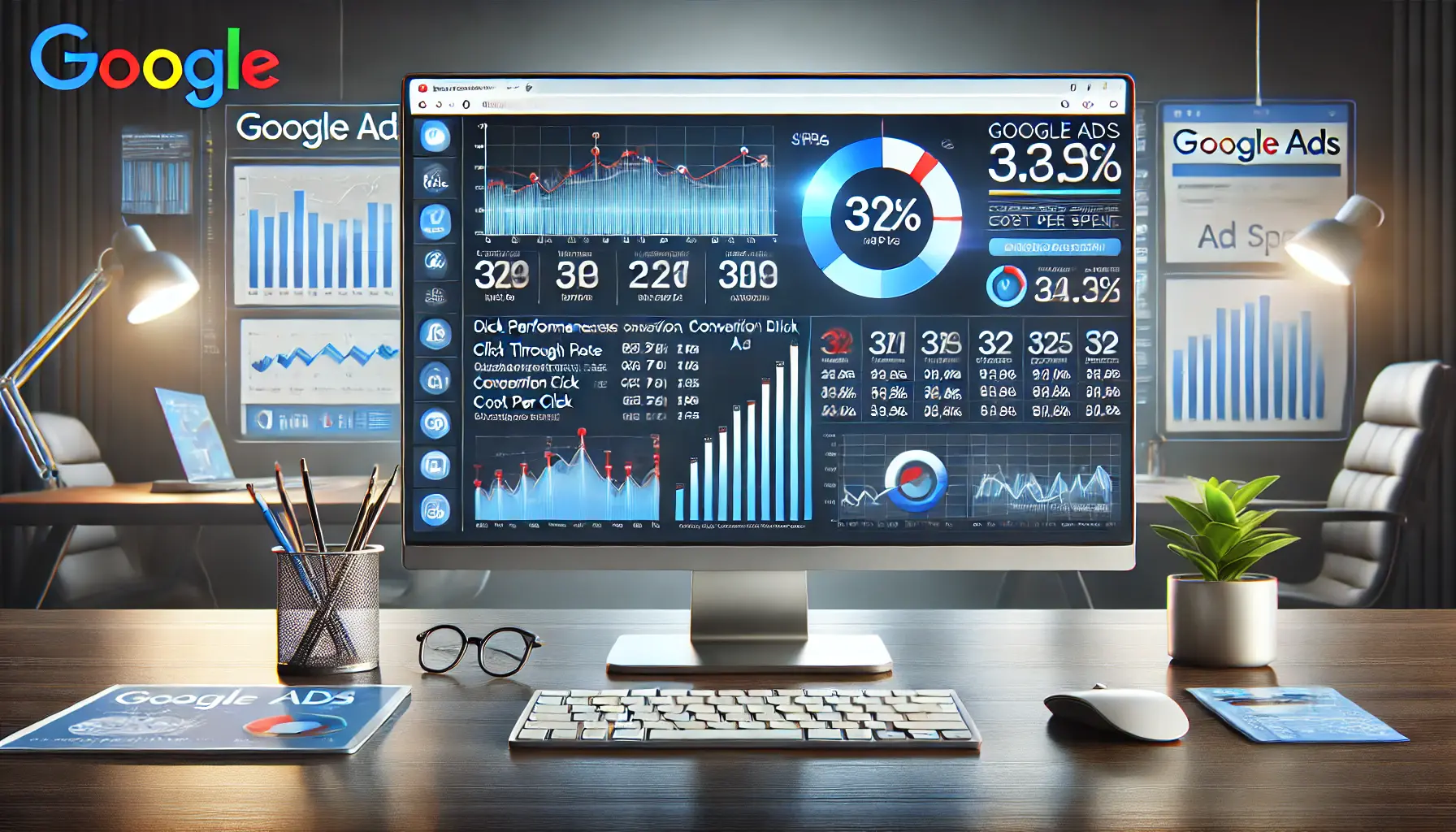 Illustration of a workspace featuring a computer screen displaying an analytics dashboard with key Google Ads performance metrics.