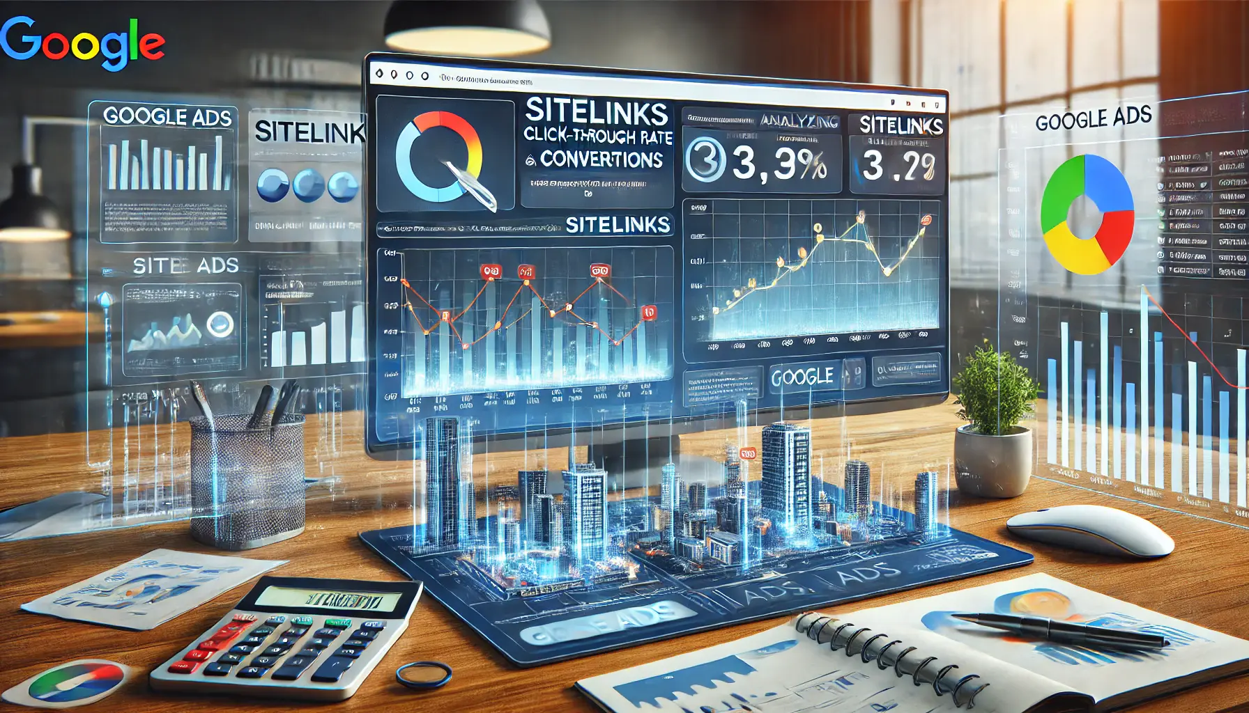 A Google Ads dashboard showing performance metrics for sitelinks, including click-through rates, conversions, and charts for analysis.